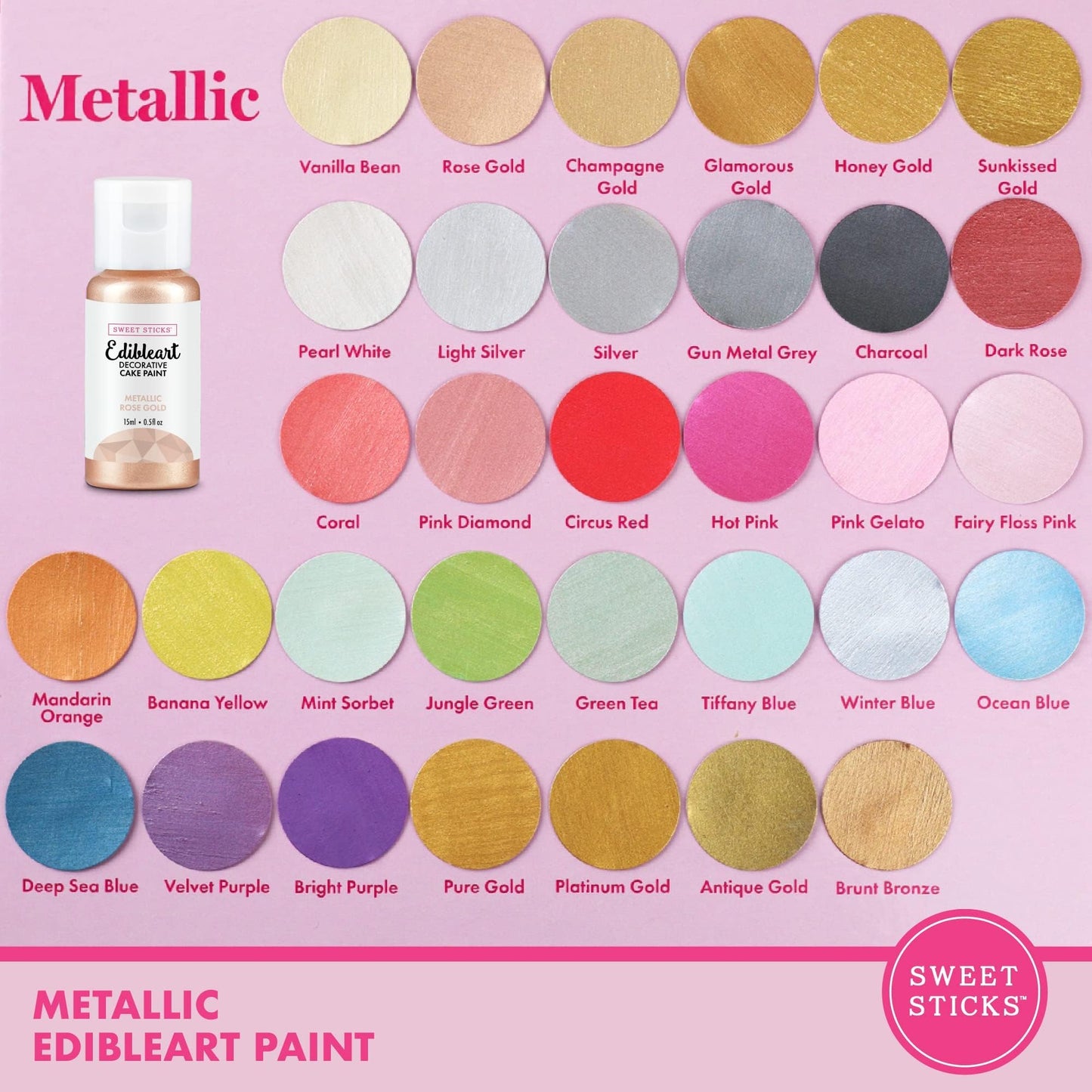 SWEET STICKS Edible Art Decorative Cake Paint, Metallic Rose Gold, 0.5 Fl Oz, Pack of 18
