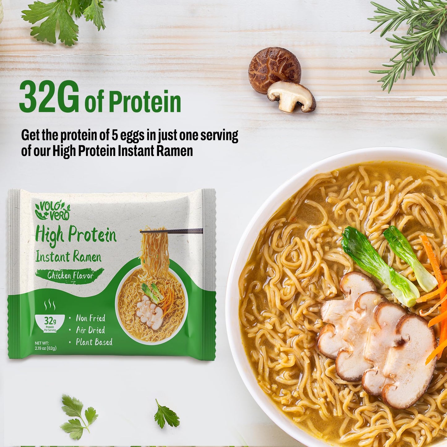 VOLO VERO High Protein (32g) Instant Ramen Noodles Soup Chicken Flavor  8 Packs  Vegan  Plant-Based  Non-Fried  Low Carb  Low Fat  Egg-Free  Dairy Free Healthy Asian Meal