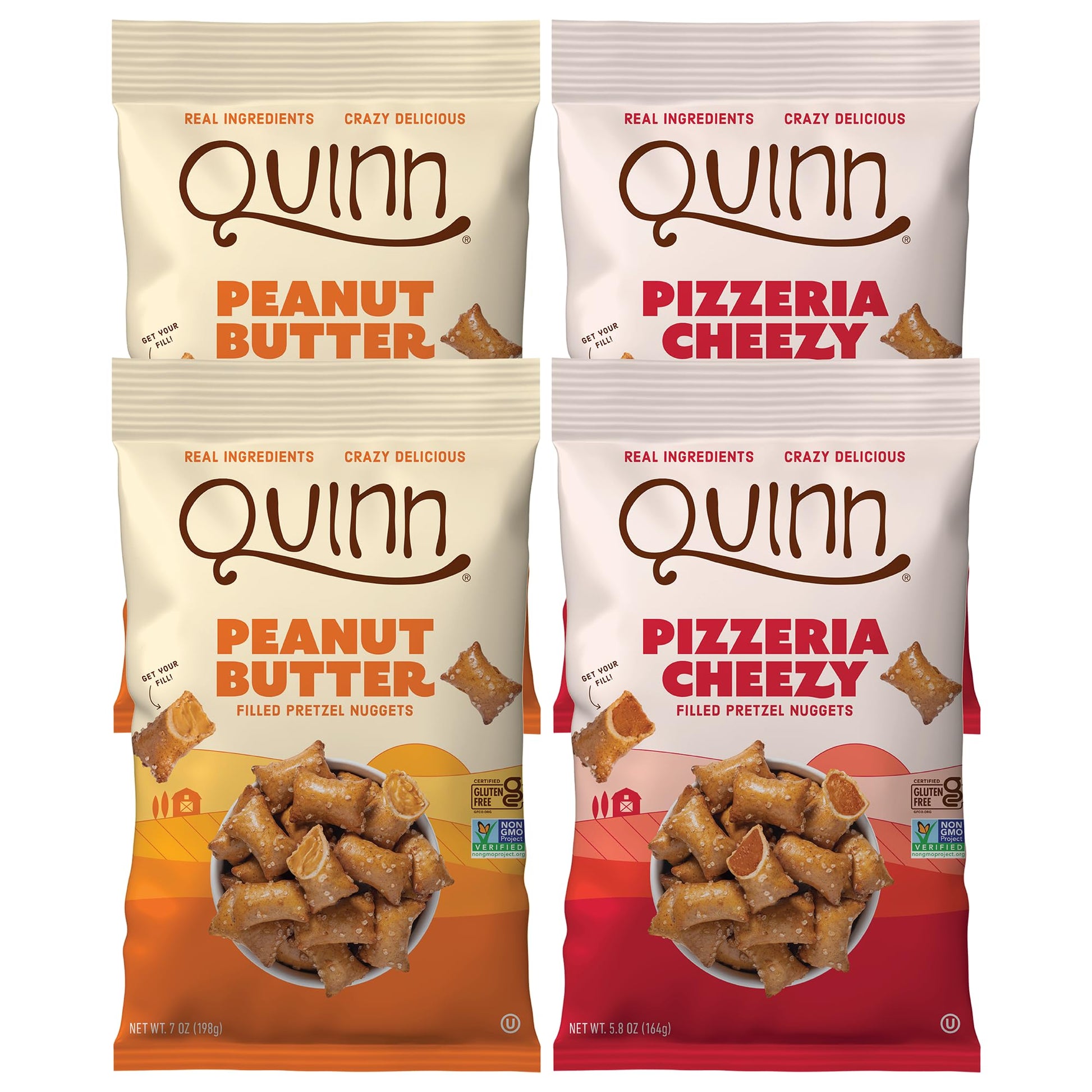 Quinn Pretzel Nuggets Favorites Pack - Vegan, Gluten Free, Non-GMO - 4 Piece Assortment (2 Peanut Butter, 2 Pizzeria)