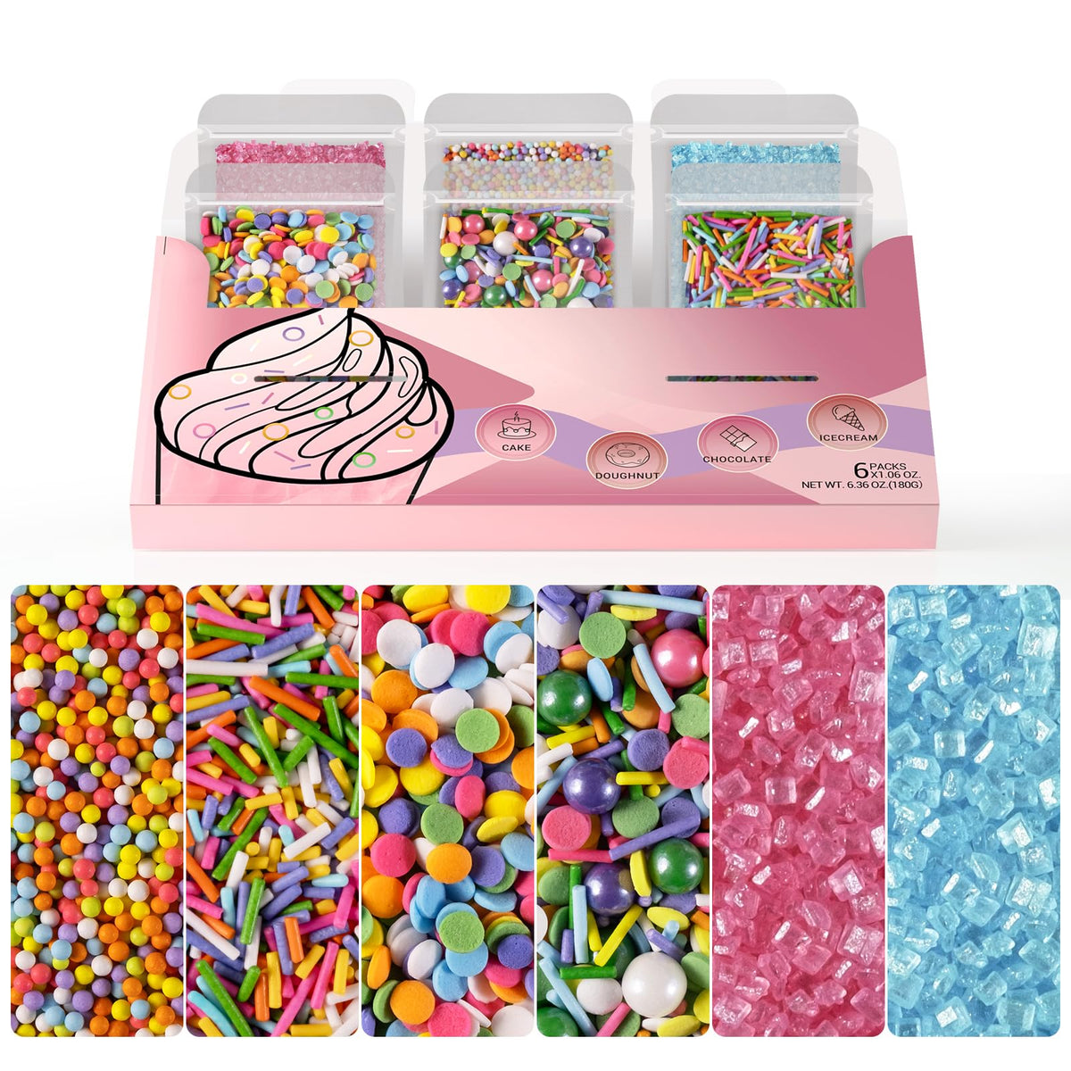 HUEBEATY 6-in-1 Neon & Pastel Rainbow Sprinkles for Cake Decorating - Confetti, Nonpareils, Jimmies & Sanding Sugar - Edible Cup