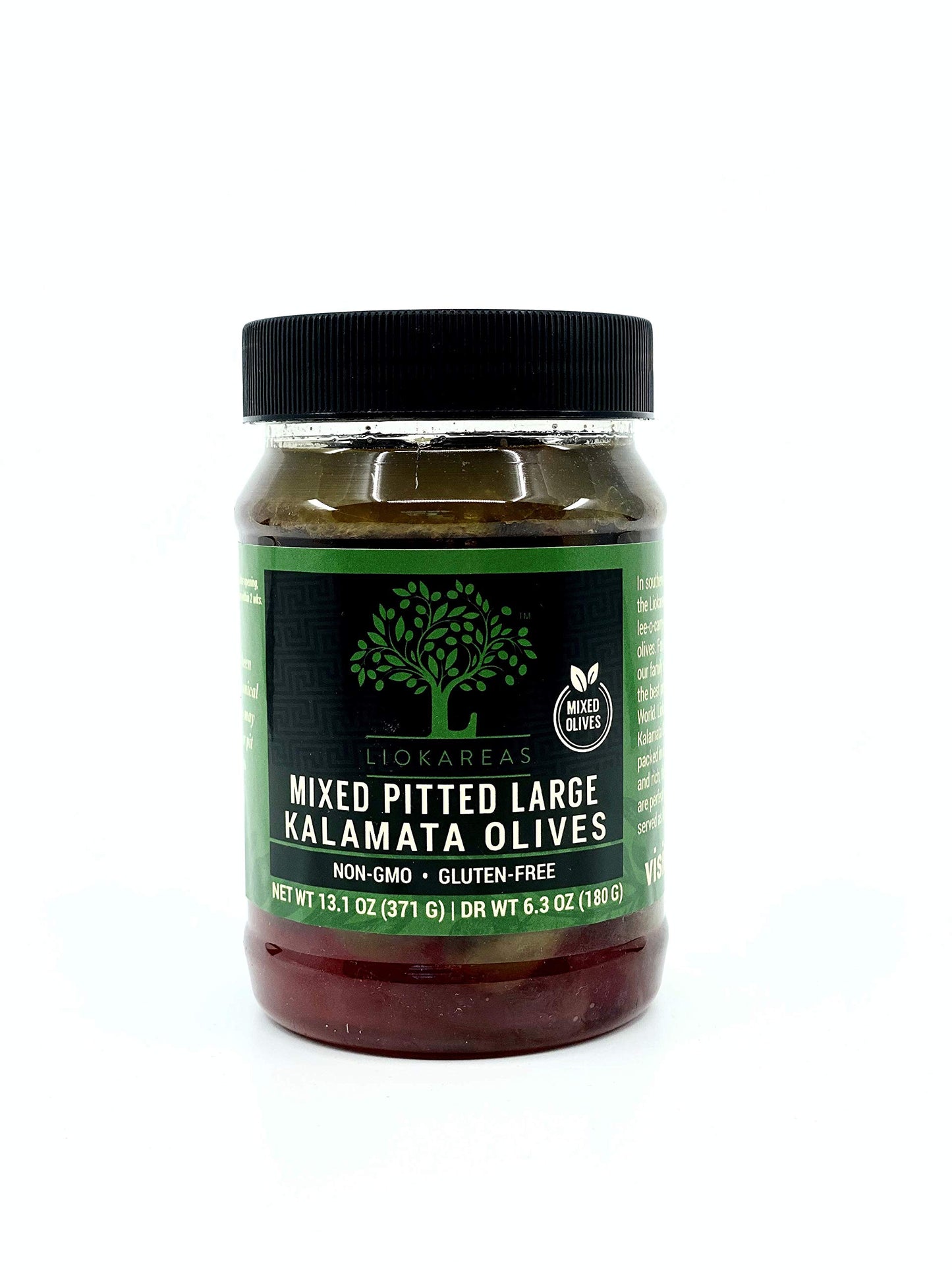 Liokareas Greek Mixed Pitted Olives - Kalamata & Green - 13.1oz - Organic, Gluten Free, Non-GMO, Paleo, Keto
