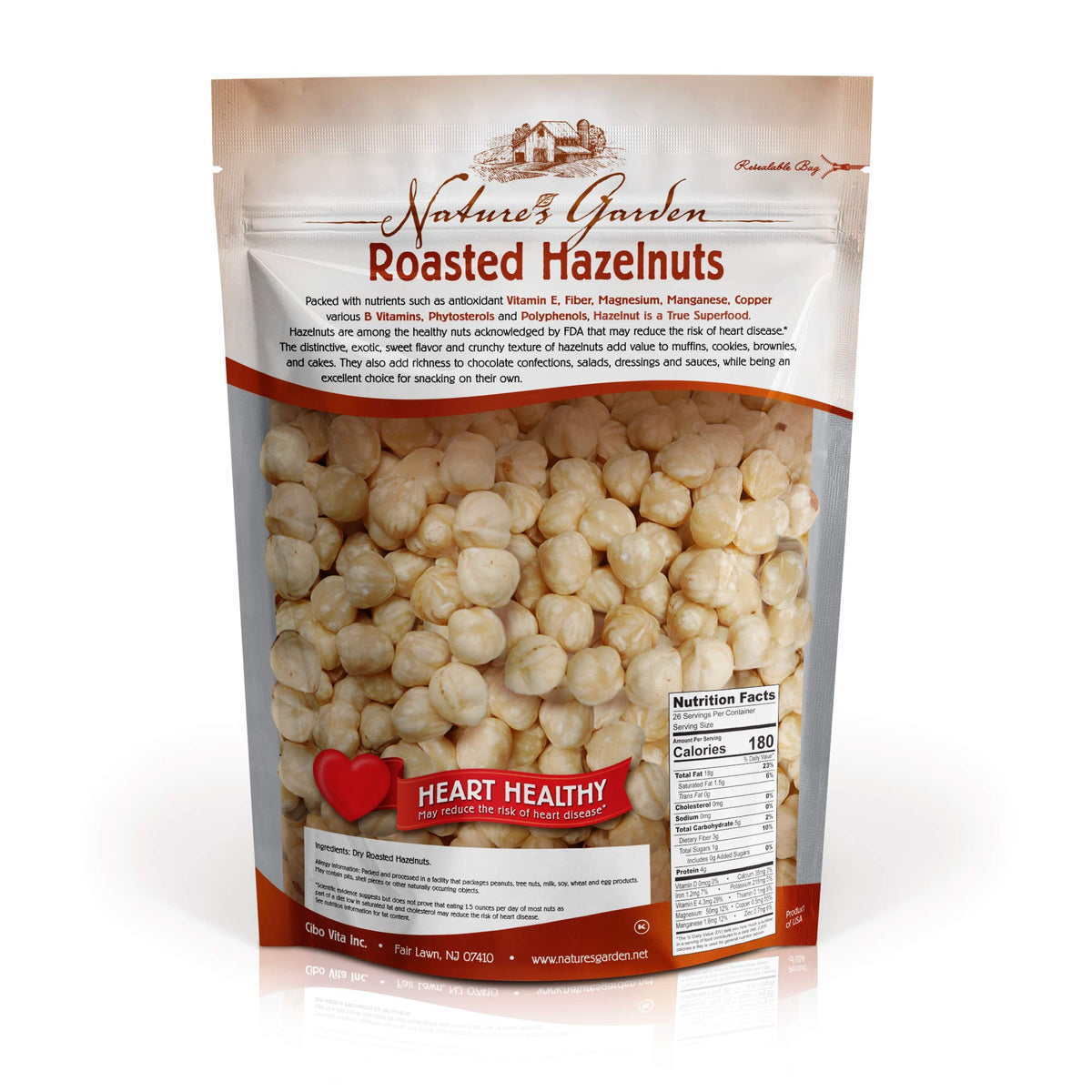 Natures Garden Roasted Hazelnuts-Whole Roasted Hazelnuts, Bulk, Raw Hazelnuts, High Fiber, Kosher Certified, Cholesterol Free, H