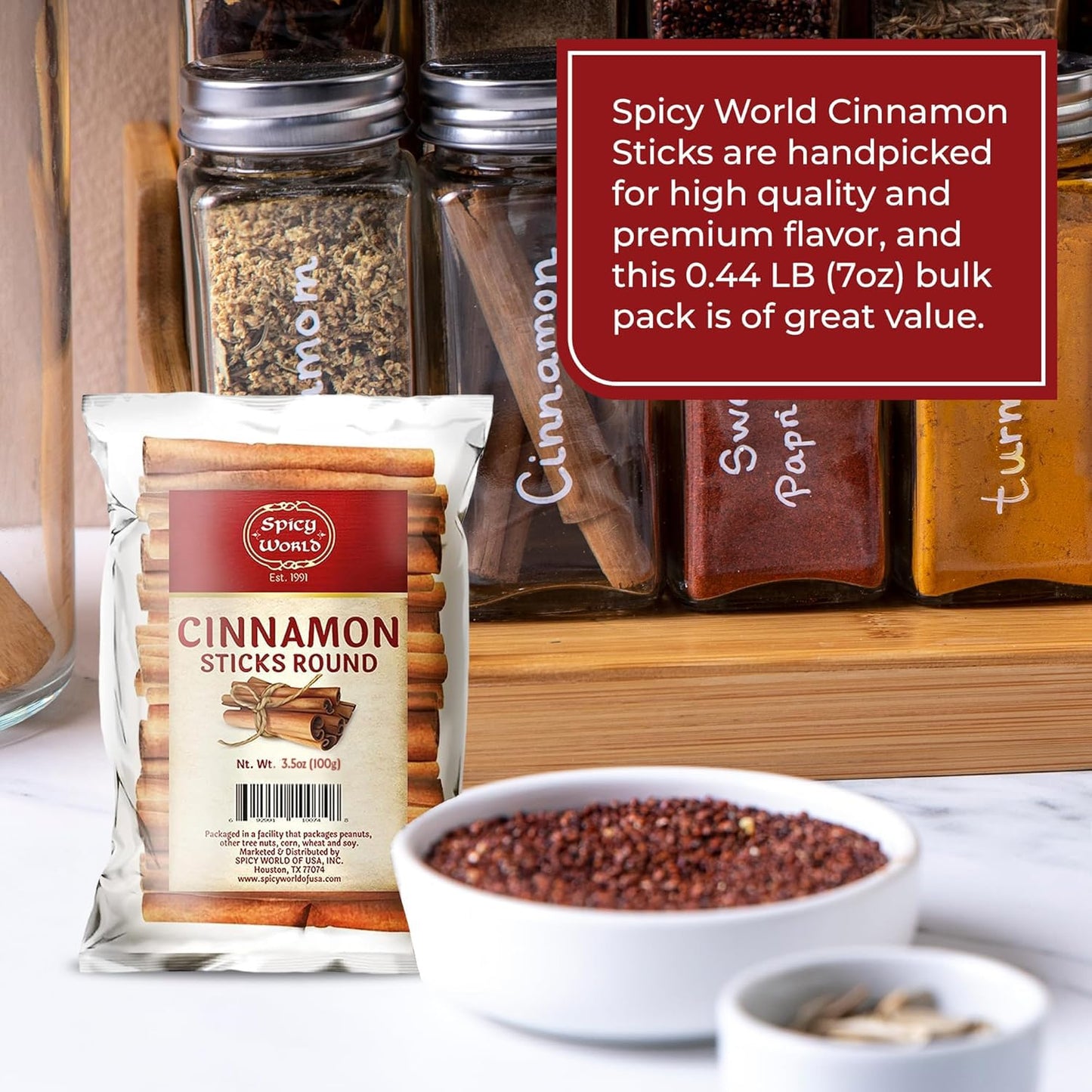 Spicy World Cinnamon Sticks 3.5 Ounce Bag - Perfect for Baking, Cooking & Beverages - 3+ Inches Length - Cassia Saigon Cinnamon