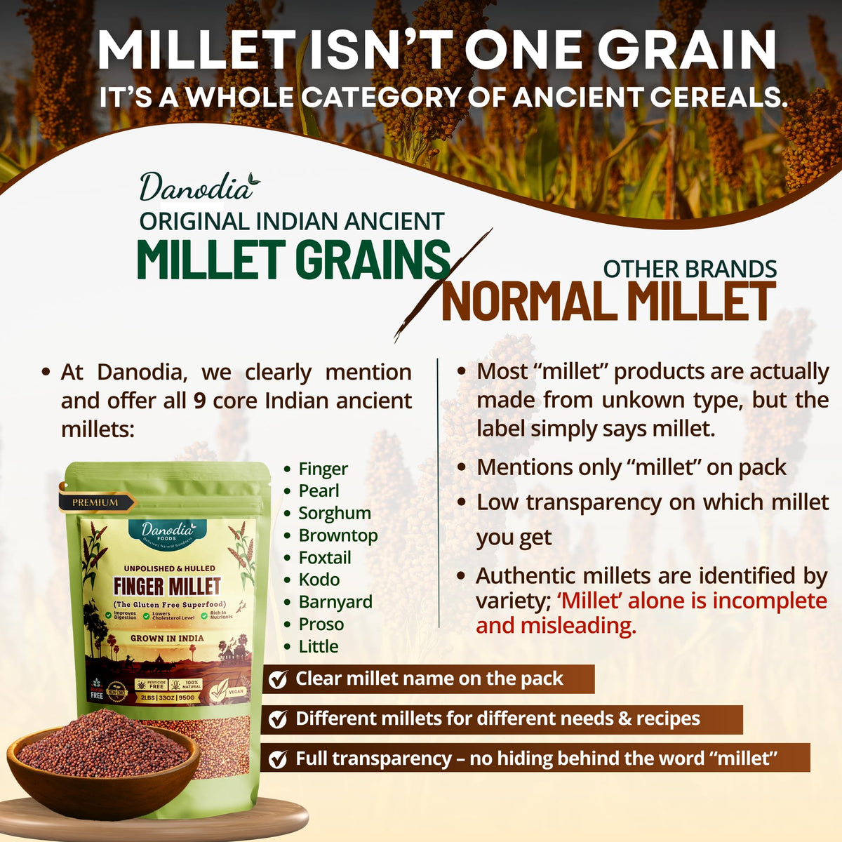 Danodia Foods Organic Proso Millet (2 Lbs | 950G | 33Oz) | Unpolished, Whole Grain, Gluten-Free, Hulled Superfood | Natural, Non-Gmo, Vegan, High Fiber & Protein | Fda Registered