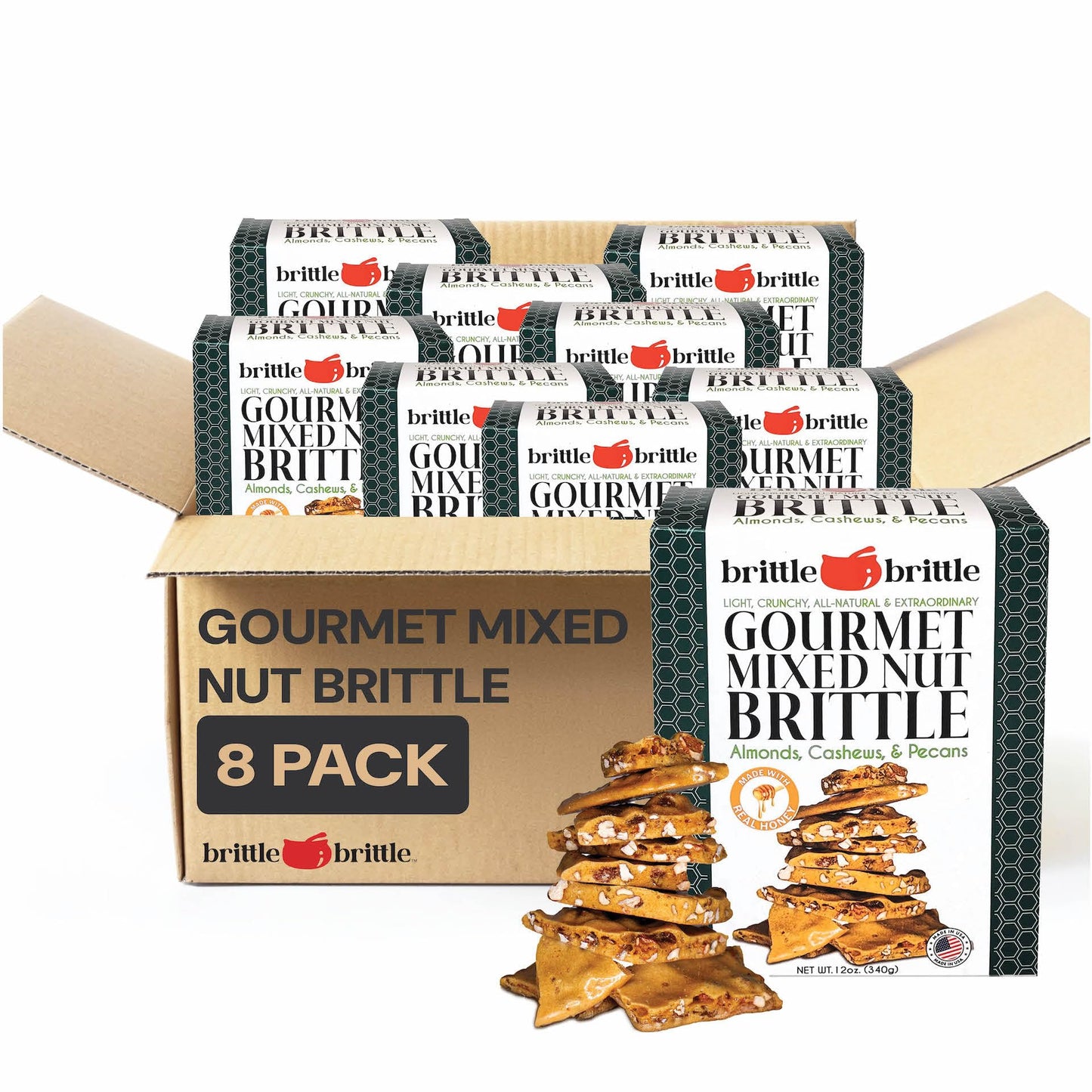 Brittle-Brittle Mixed Nut Brittle Candy, Handmade Gourmet Treat, Gluten Free, 12 oz Box, Pack of 8