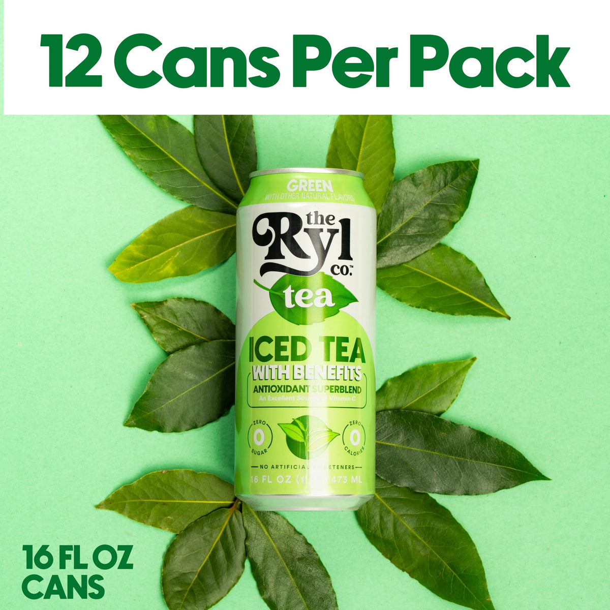 Ryl Iced Tea, Green, Antioxidant Superblend, Zero Sugar, Low Carb, Zero Calorie Iced Tea, 16.0 Fl Oz (12-Pack)