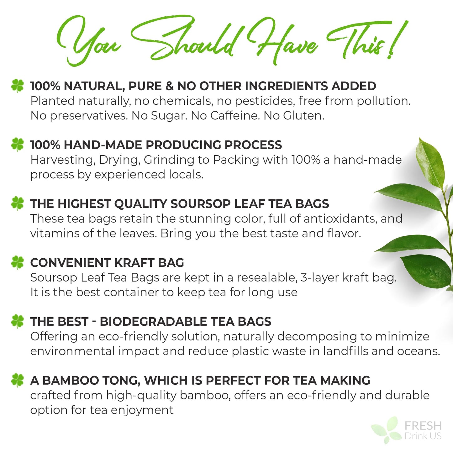 FRESHDRINKUS Soursop Graviola Leaf Tea Bags, 100% Natural, Handmade, 40 Bags, Caffeine/Sugar/Gluten Free