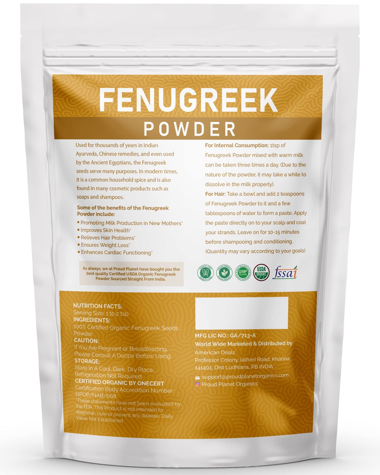 Organic Fenugreek Powder 8Oz (226G) For Health, Skin & Hair Methi Seeds Powder | Non Gmo & Gluten Free | Usda Certified By Proud