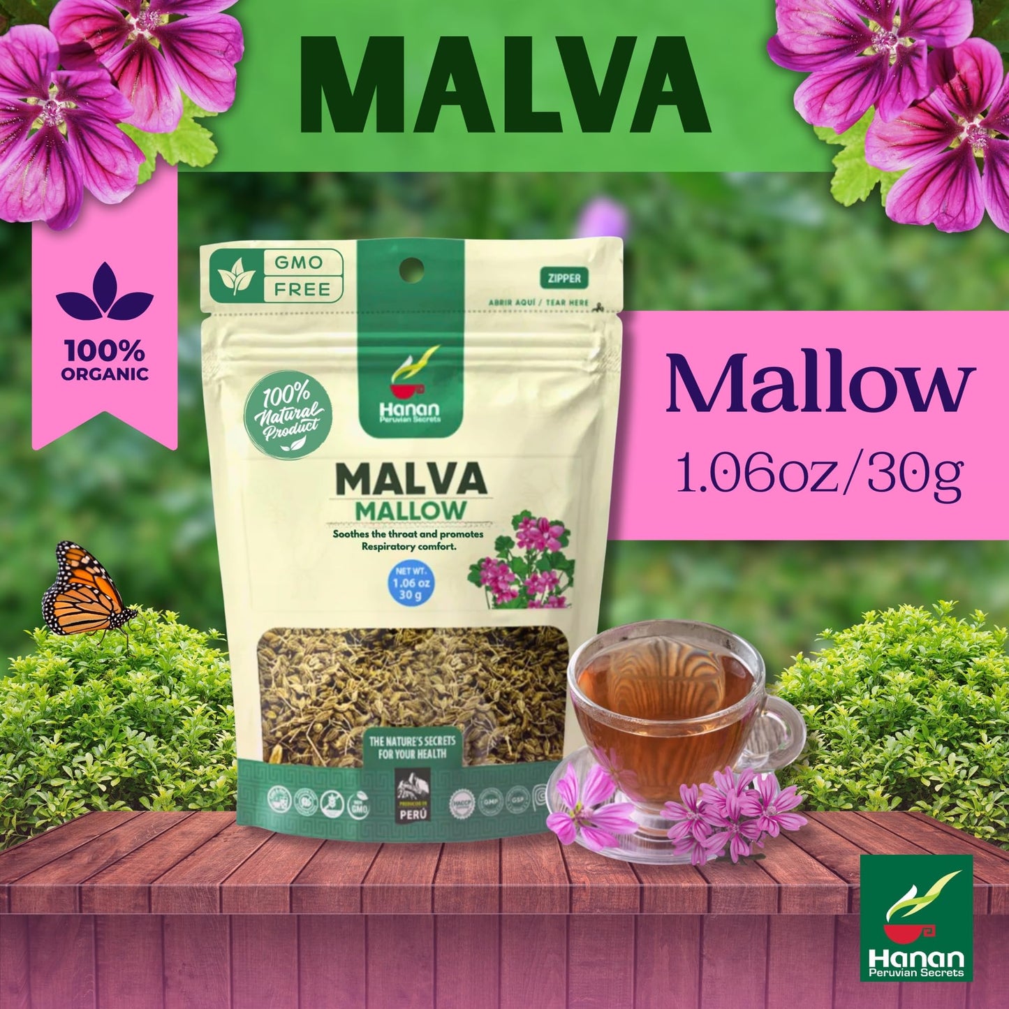 Hanan Loose Leaf Herbal Tea, Malva (Mallow), 1.1oz / 30g Dried Leaves from Peru