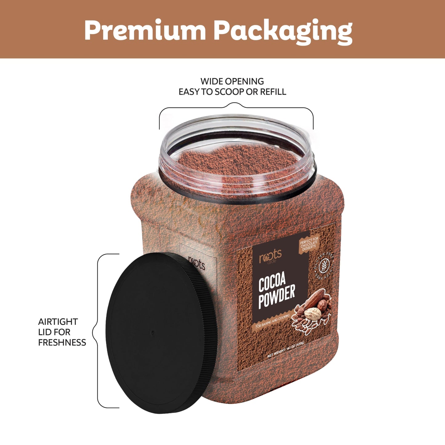 Roots Circle Unsweetened Cocoa Powder, Rich Dark Chocolate Flavor, Gluten-Free, Bulk 2 Pack of 14oz