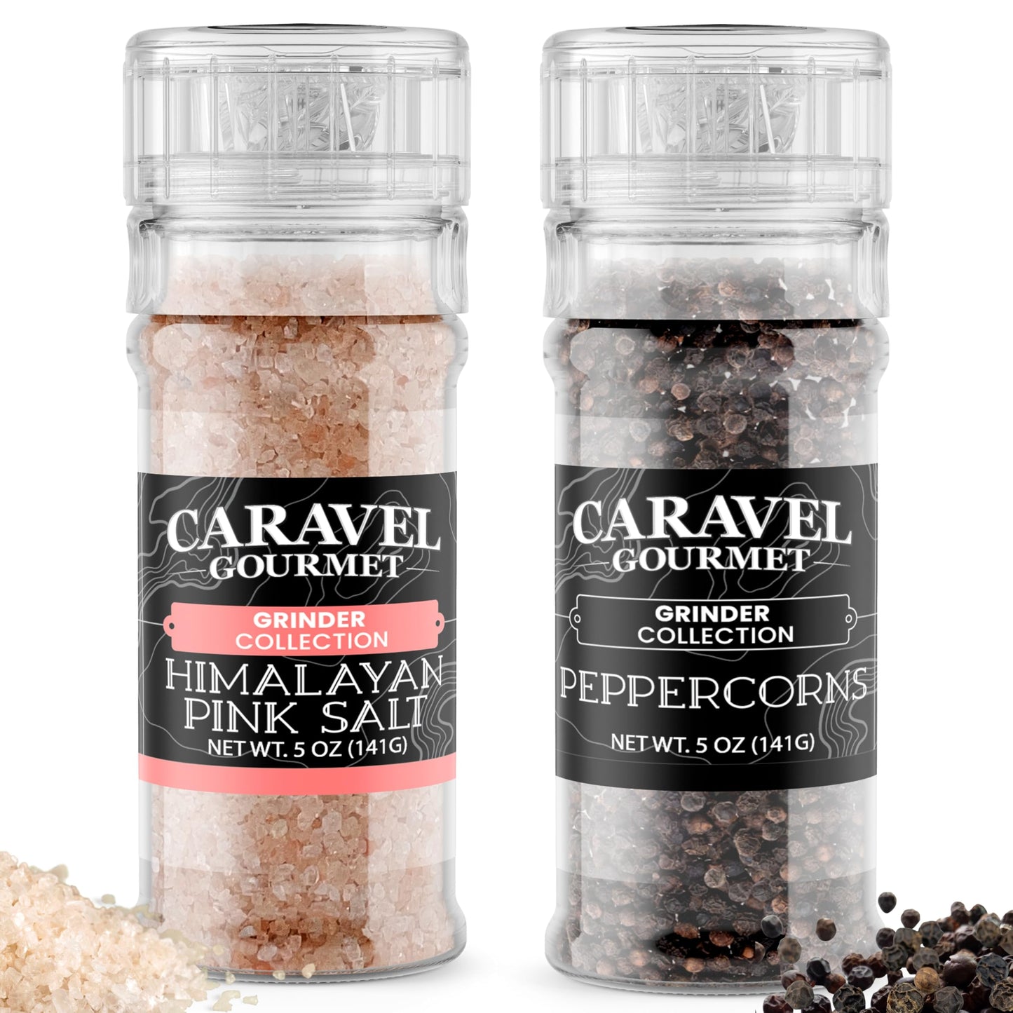 Black Peppercorn & Himalayan Pink Salt Grinder Bundle for Seasoning, Finishing & Cooking - 5 oz Manual Salt & Pepper Grinder for