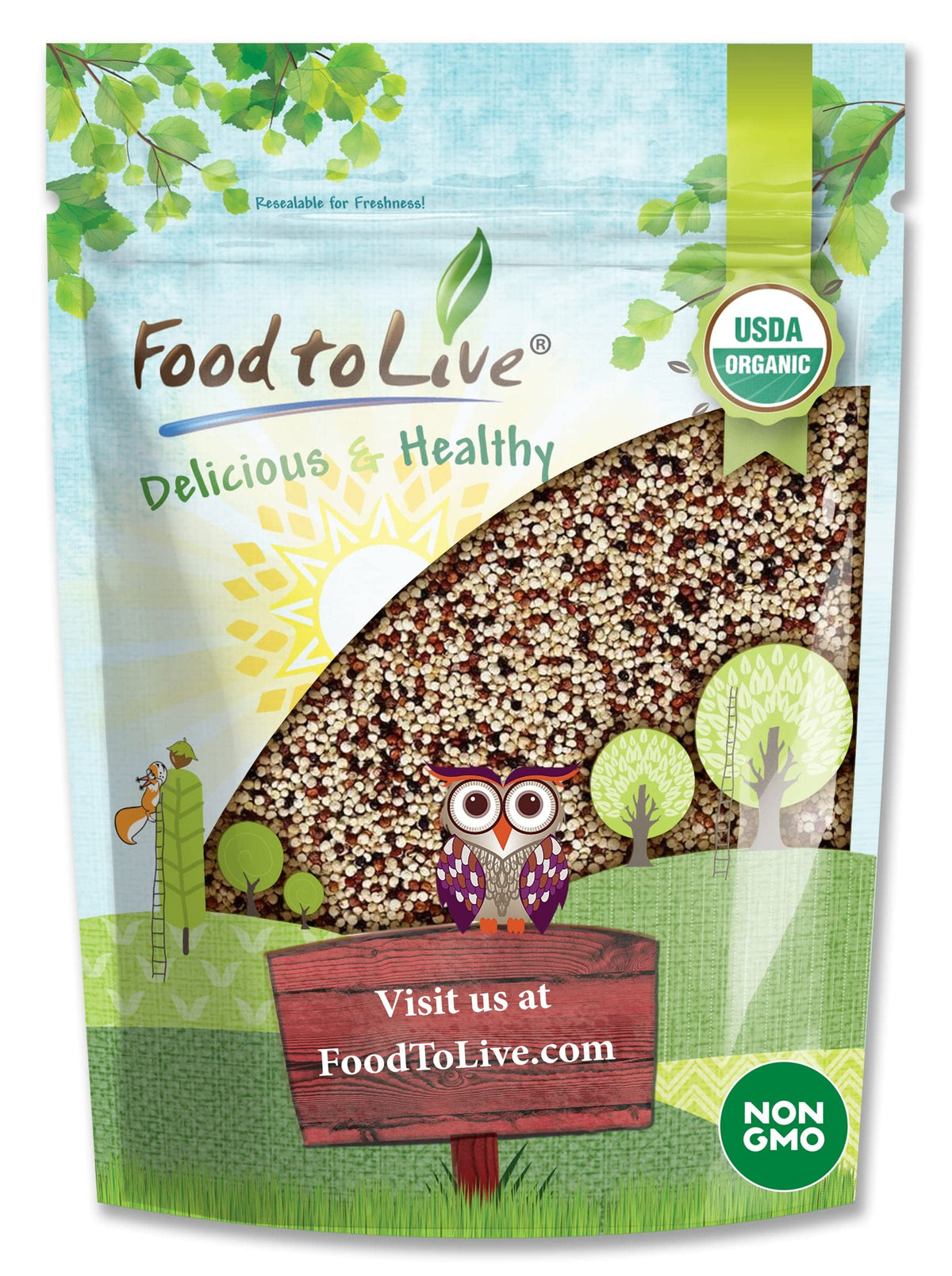 Food to Live Organic Tri-Color Quinoa, 1 Pound - Non-GMO, Blend of White, Black, Red Quinoa, Whole Grain, Non-Irradiated, Kosher