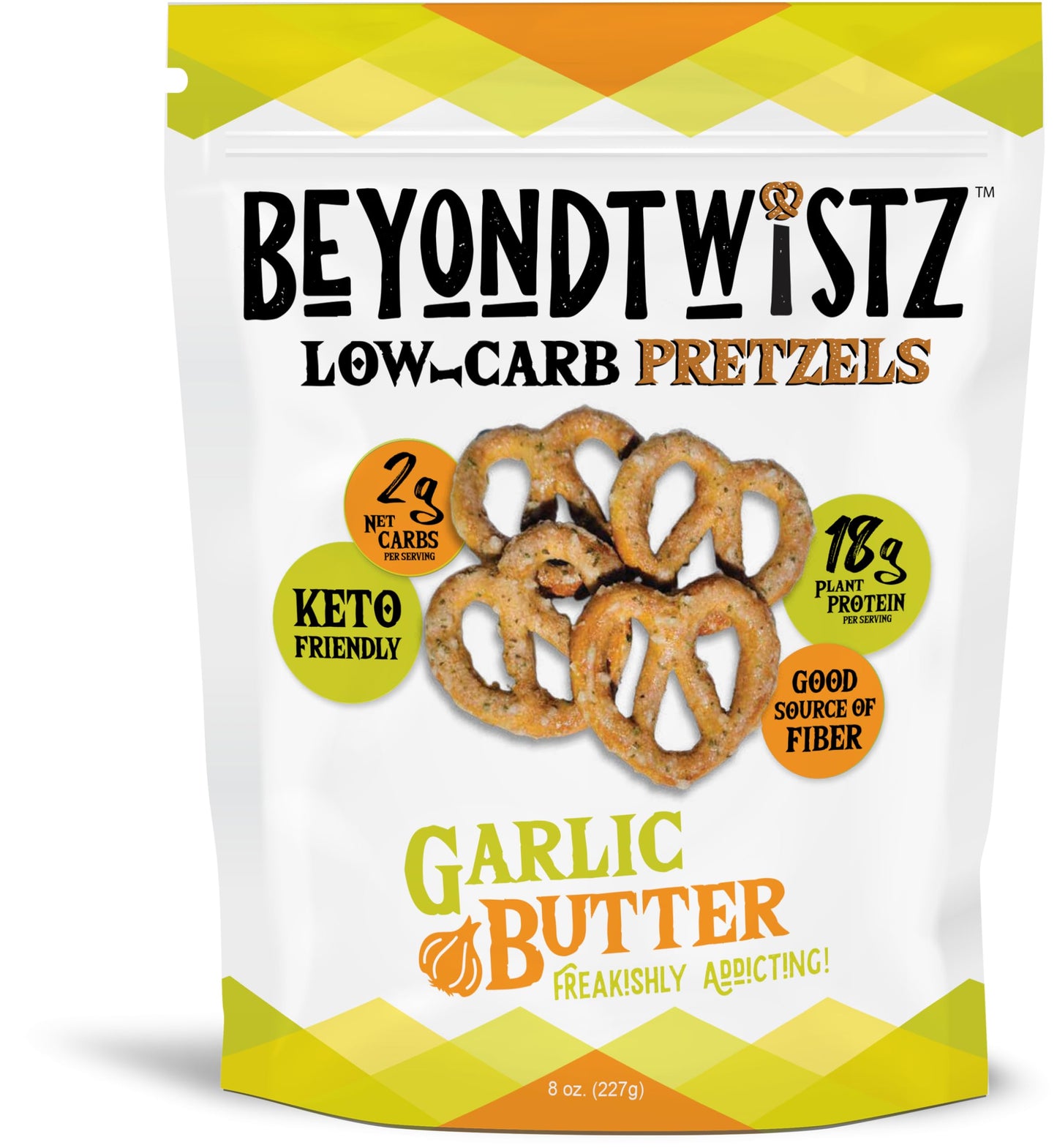 BeyondChipz Low Carb Pretzels, Garlic Butter, Keto Friendly, 8oz Family Size (Pack of 3), 2g Net Carbs, 18g Protein