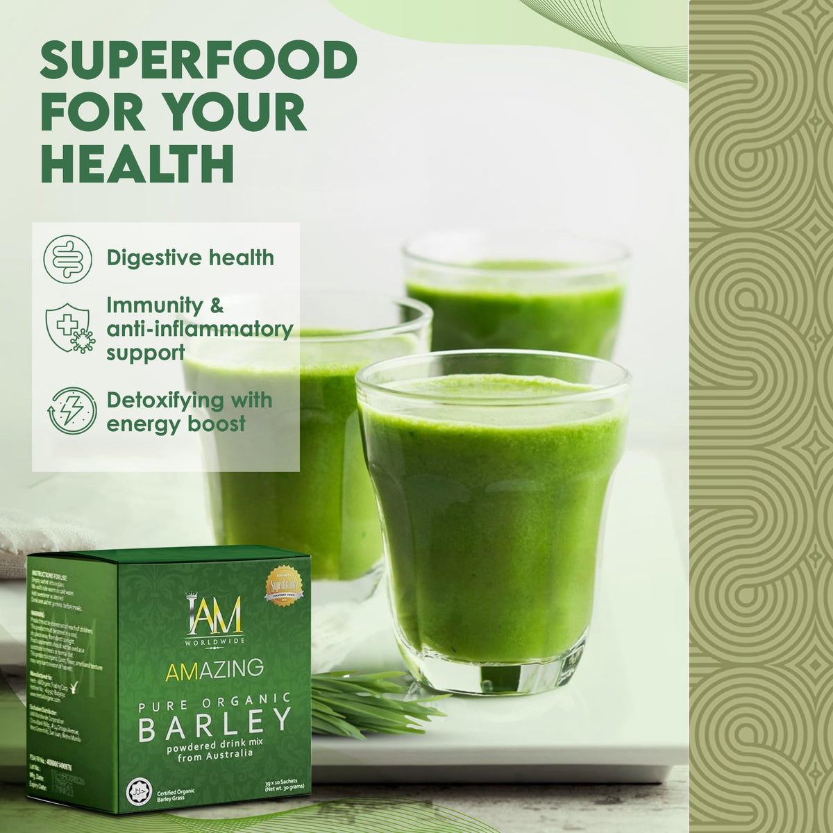 Iam Worldwide Amazing Pure Organic Barley Powdered Drink Mix - 3 Boxes