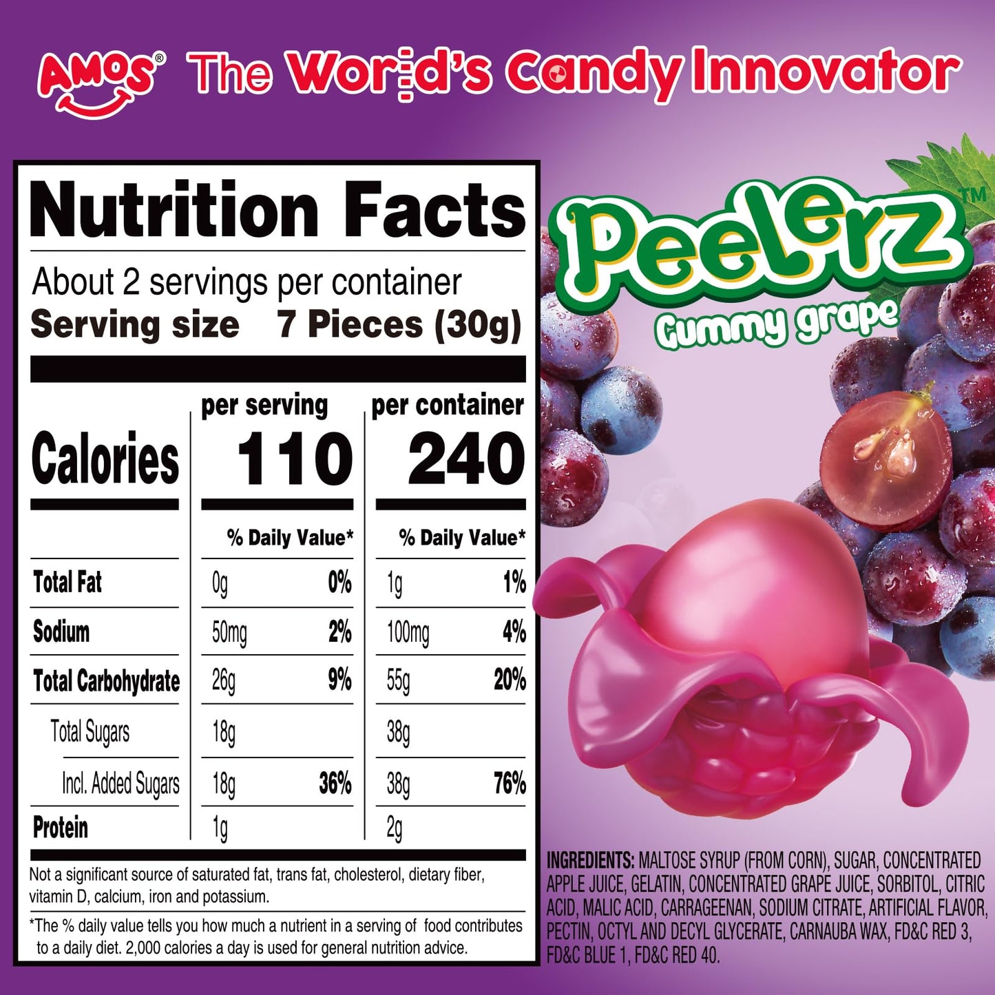 Amos Peelerz Gummy Candy Grape, Amos 4D Gummies Peelable Candy Resealable 2.19Oz Bag (Pack Of 8)