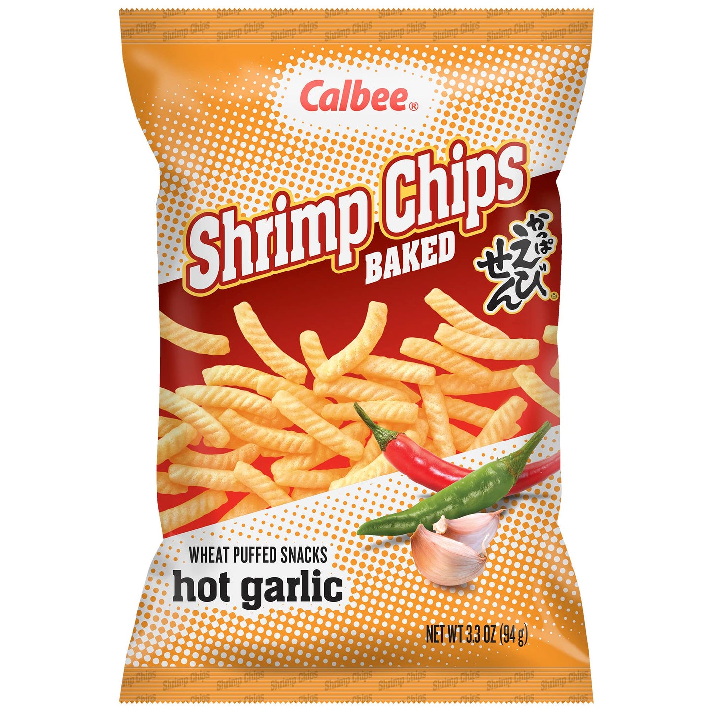Calbee Shrimp Chips - Hot Garlic Flavor, 4.0 oz, Baked with Wild-Caught Shrimp, Pack of 6