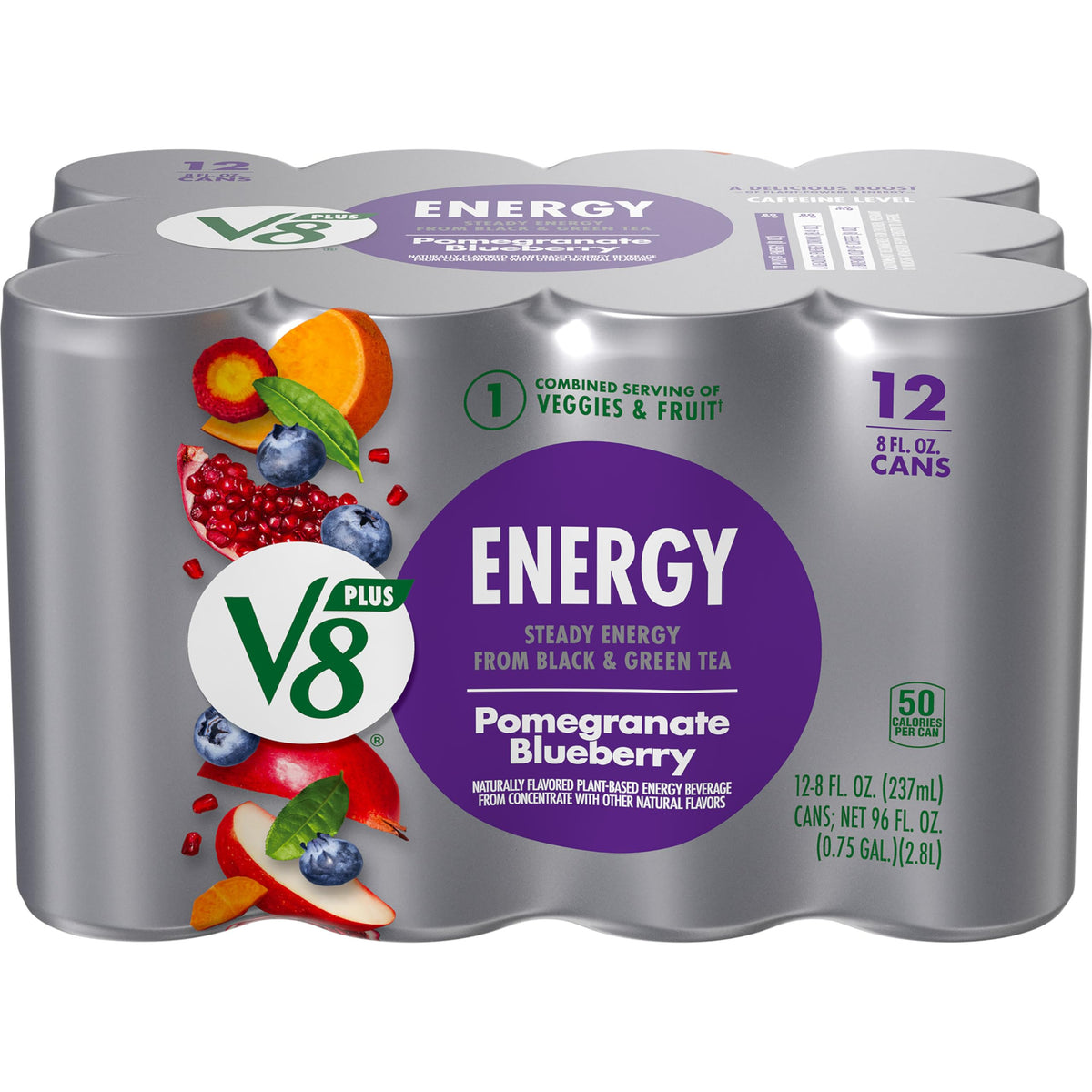 V8 Energy Drink, Pomegranate Blueberry, 8 Fl Oz Can, Pack of 12