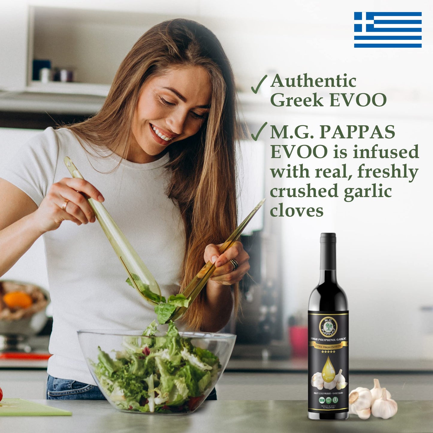 M.G. Pappas High Polyphenol Rich Garlic Infused Olive Oil - Extra Virgin Olive Oil Polyphenol Lab Report 650Mg/Kg - Cold Pressed