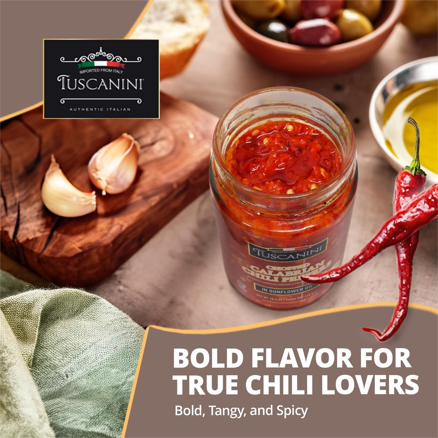 Tuscanini Premium Italian Chopped Calabrian Chili Peppers In Sunflower Oil, 10.9 Oz (2 Pack) | All Natural | Nothing Artificial