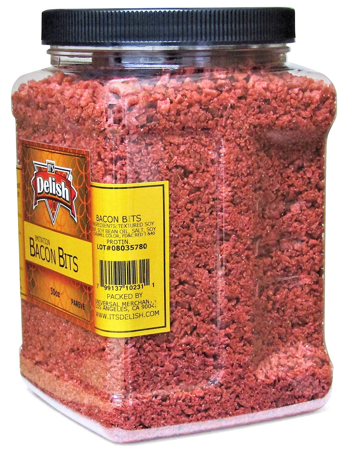 Its Delish compatible with Bacon Bits, Kosher Parve Vegan, 30 Oz Jumbo Reusable Container, Smoky Flavor for Salads, Eggs, Baked Potatoes