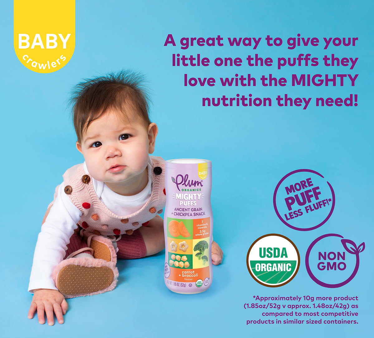 Plum Organics Mighty Puffs Organic Baby Food - Beet And Strawberry - 1.85 Oz Canister (Pack Of 6) - Ancient Grains And Chickpea