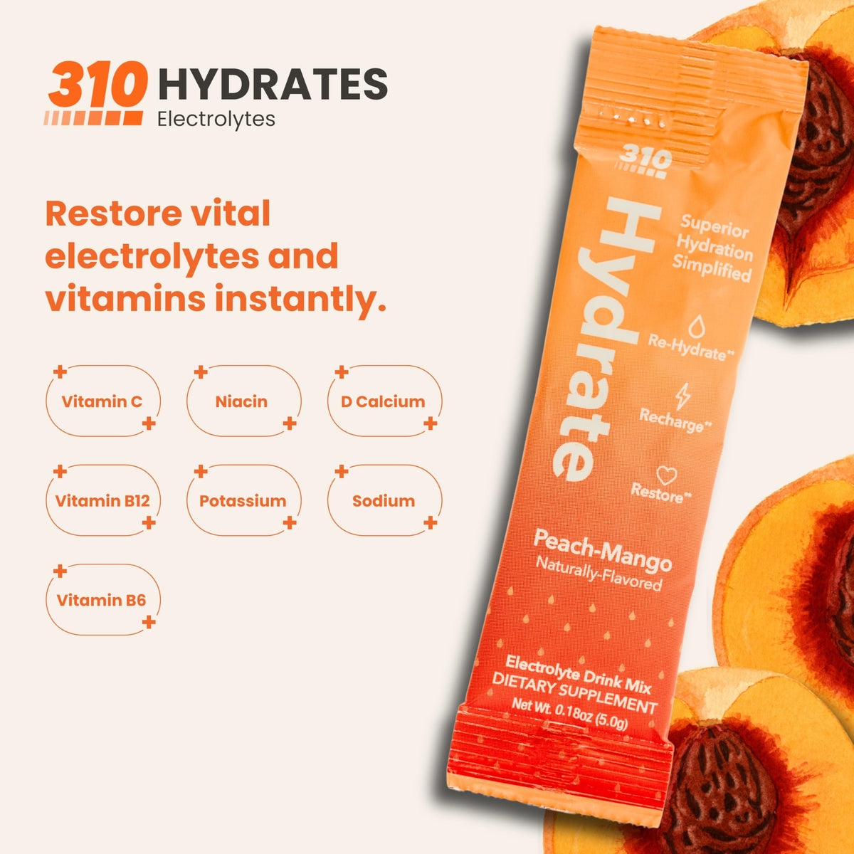 310 Hydrate Peach Mango Electrolytes Powder Packets - No Sugar Hydration Packets With Key Vitamins & Minerals - Keto Friendly -