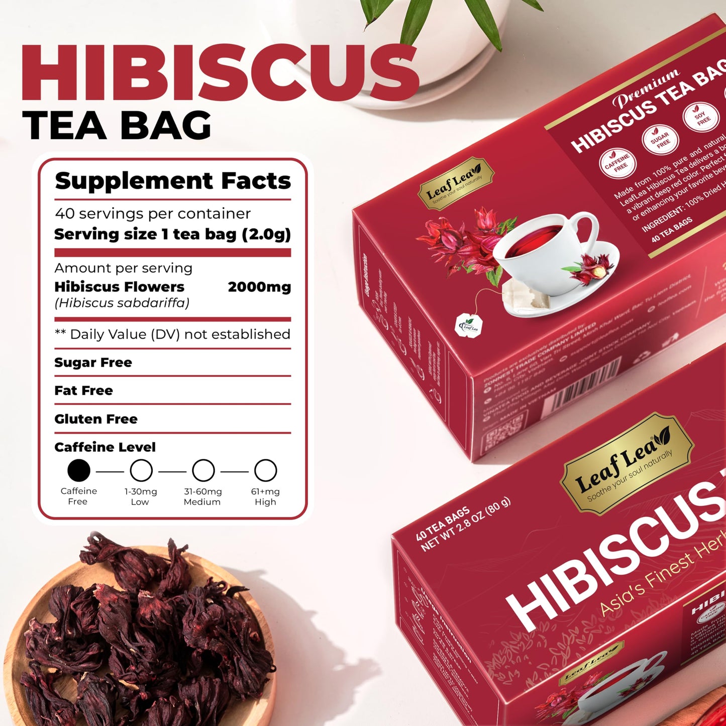 LeafLea Hibiscus Tea Bags - 100% Natural, Caffeine-Free, Sugar-Free, Vegan - 80 Tea Bags (Pack of 2)