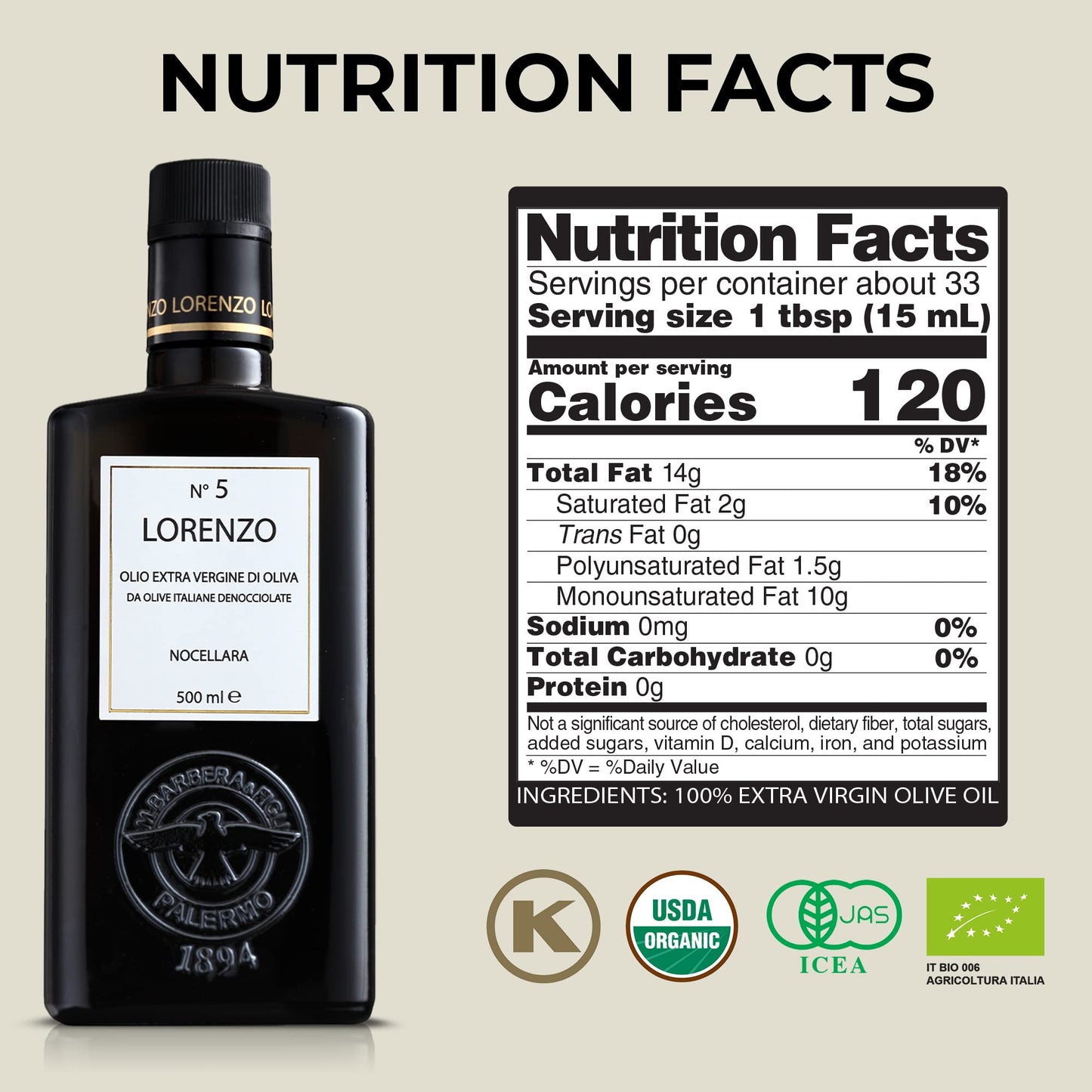 Barbera Lorenzo #5 Extra Virgin Olive Oil Fruity, Soft Nocellara Del Belice Olive Flavor, Cold Extracted Authentic Sicilian Olive Oil, Fresh Harvest Imported Olive Oil From Italy 16.9 Oz