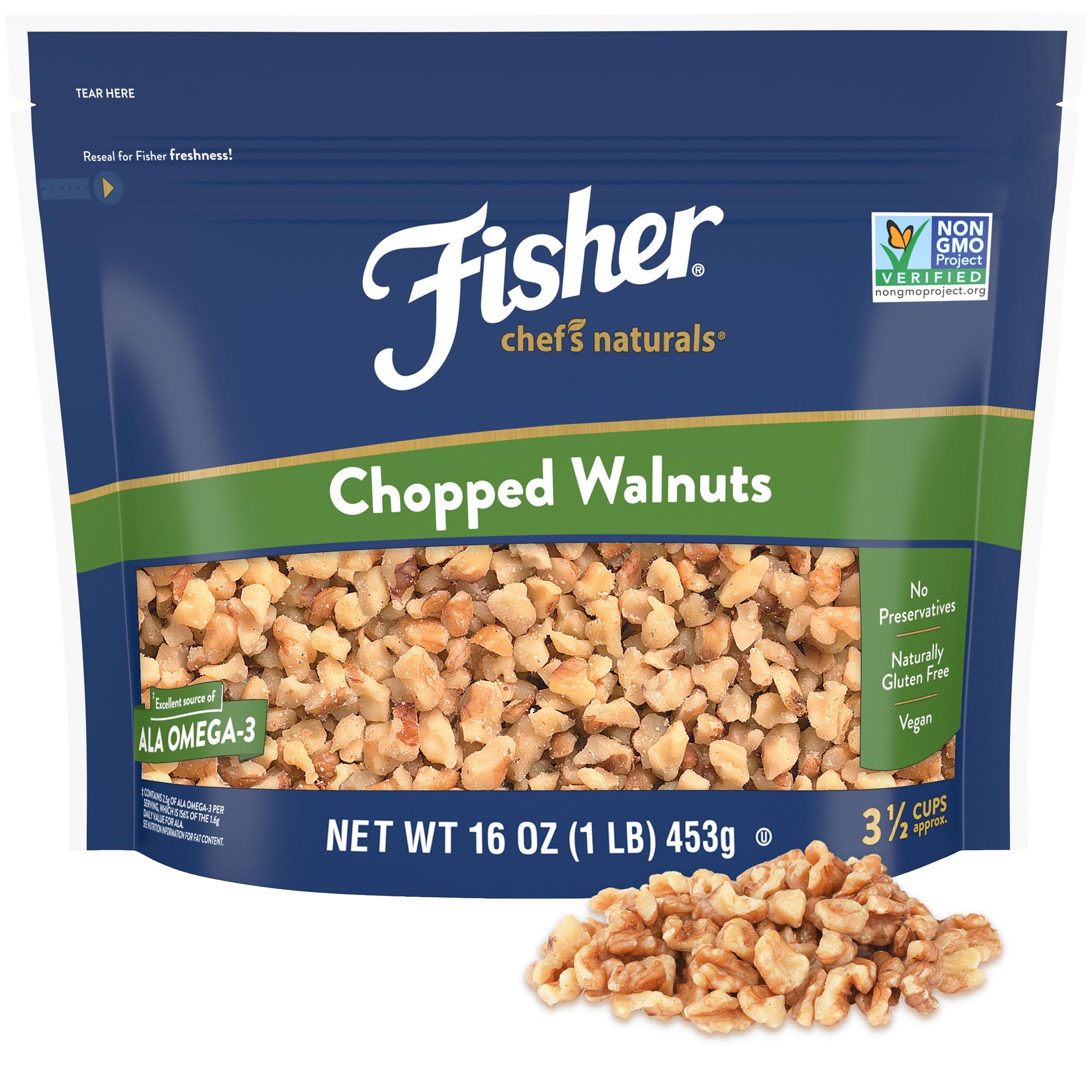 Fisher Chefs Naturals Chopped Walnuts 1 Lb, 100% California Unsalted Walnuts for Baking & Cooking, Snack Topping, Resealable Bag, Healthy Snacks for mature-themeds, Vegan Protein, Keto Snack, Chopped Nuts