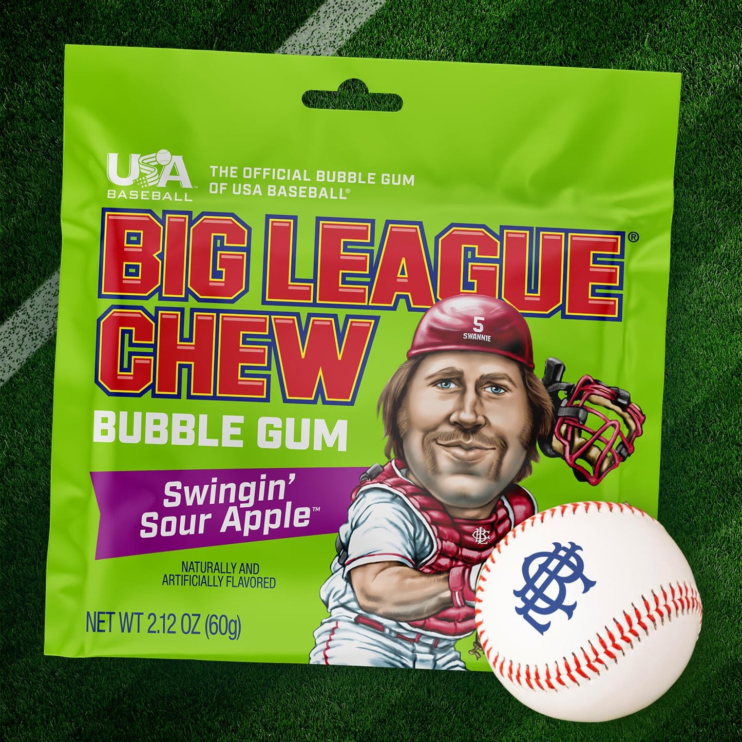 Big League Chew Swingin Sour Apple Bubble Gum - Tart & Tangy Apple Flavor Burst | Ideal for Baseball Games, Teams, Concessions,