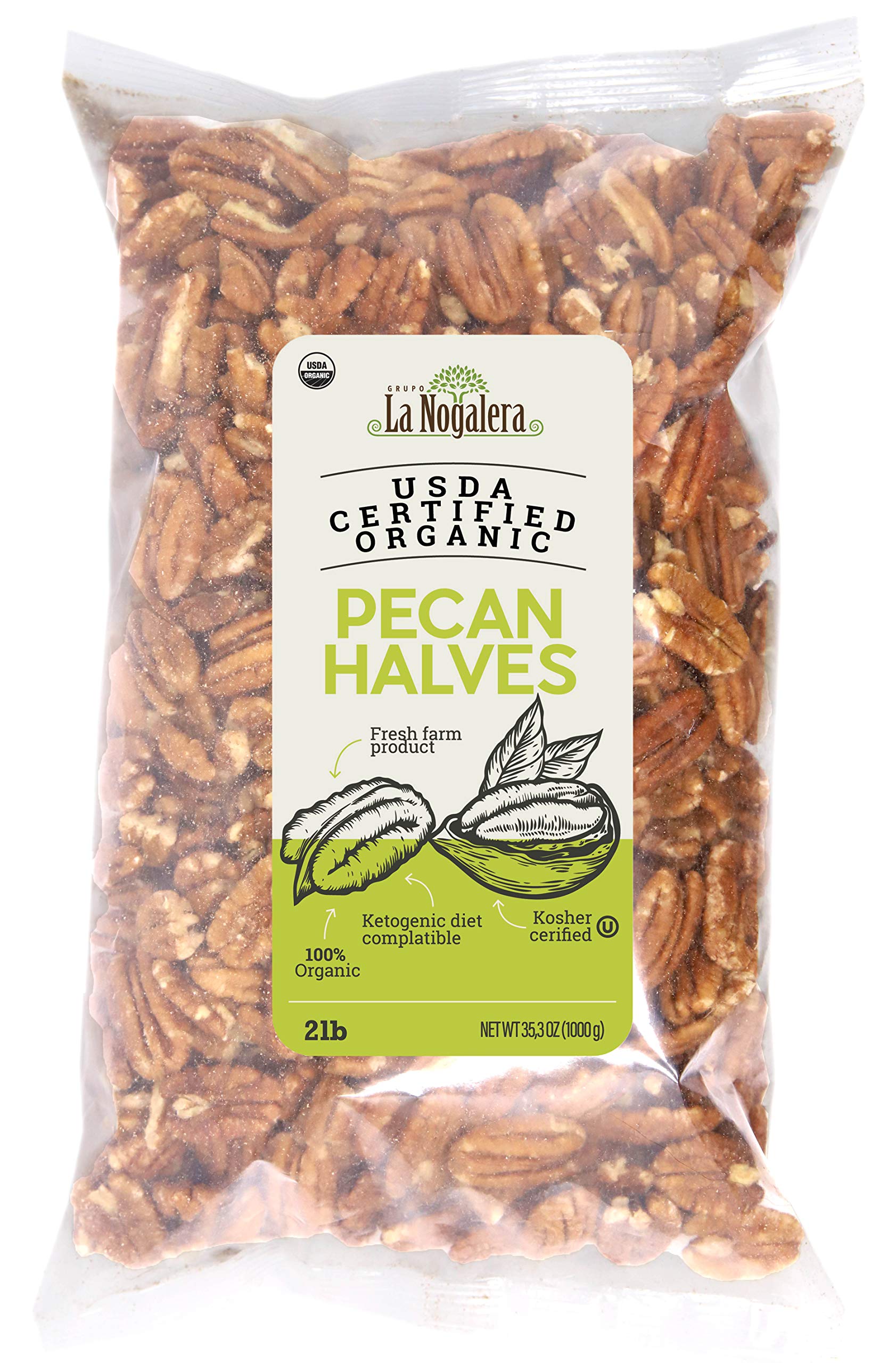 Grupo La Nogalera Organic Shelled Pecan Halves, Non-GMO, Kosher, Halal - 2 Pound Bag