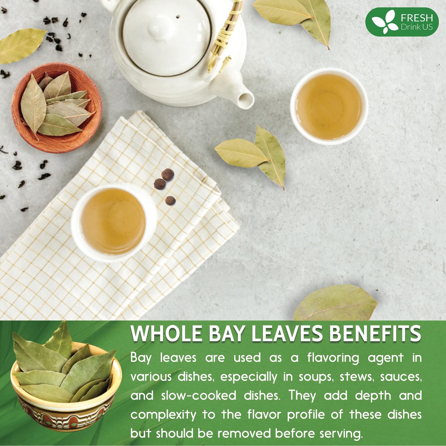 Freshdrinkus 275+ Enhanced Dried Bay Leaves, Bay Leaf Tea, Bay Leaves Spice, Whole Nice Leaves, Wildcrafted, Fresh Harvested, Bay Leaves For Cooking, Sugar-Free, Gluten Free, Caffeine Free, Vegan