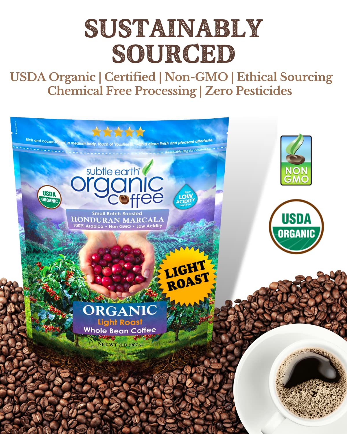 Subtle Earth Organic Coffee - Light Roast - Whole Bean Coffee - 100% Arabica Beans - Low Acidity And Non-Gmo - 2Lb Bag