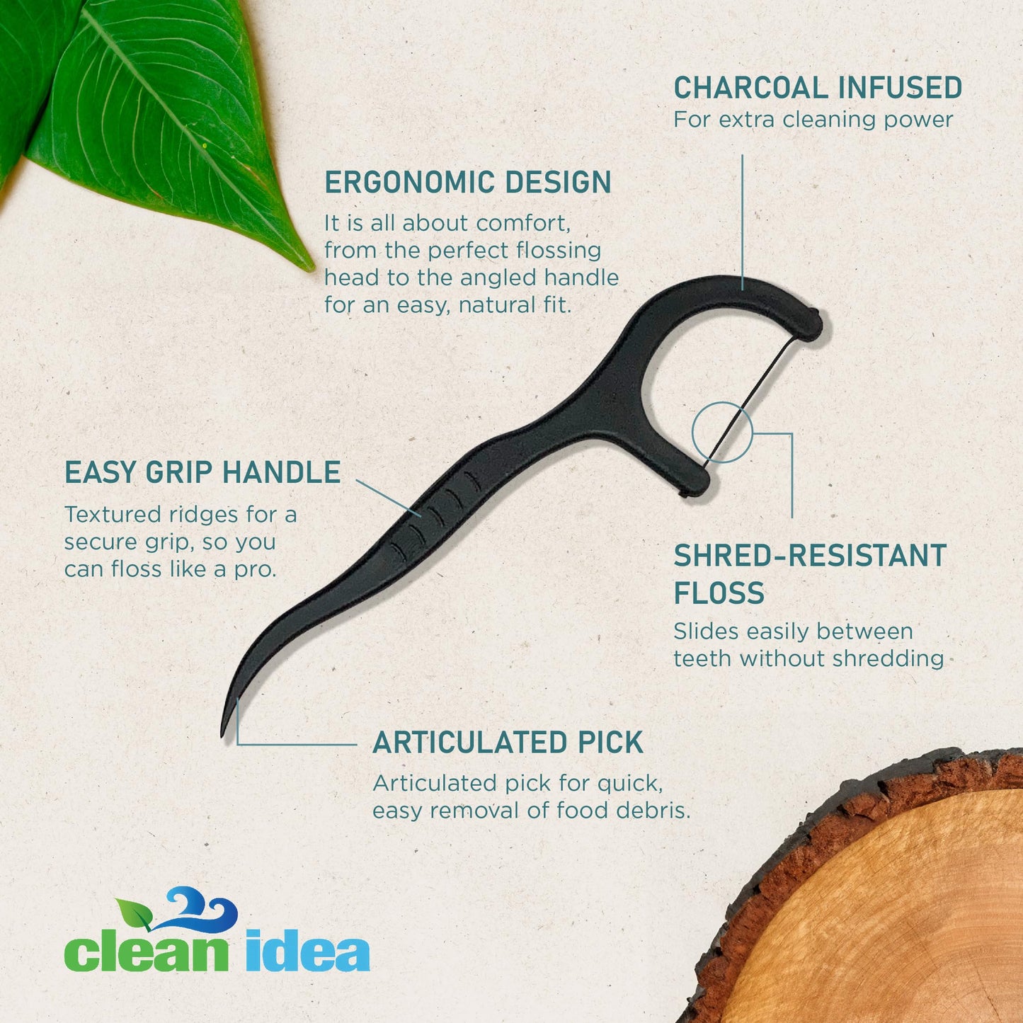 Clean Idea Ecoflosser 300 Picks - Charcoal Dental Floss Picks For Teeth Cleaning - Biodegradable Floss Picks - Dental Floss Pick