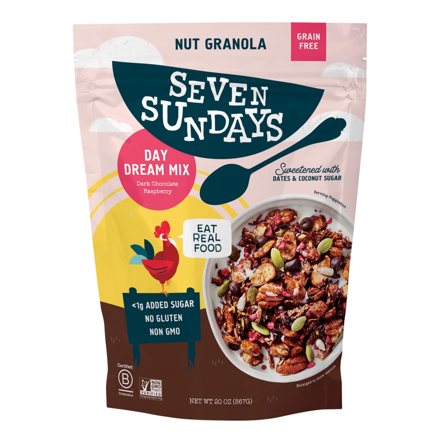 Seven Sundays Nut Granola Cereal, Day Dream Dark Chocolate Raspberry, 20 Oz Bag, Grain & Gluten Free, 4g Protein, 5g Net Carbs, 