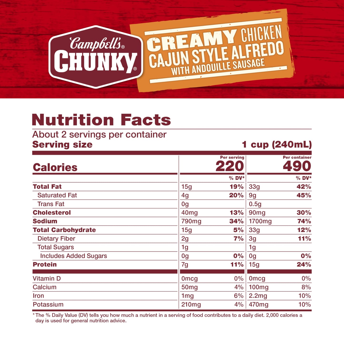Campbells Chunky Creamy Chicken Cajun Style Alfredo With Andouille Sausage Soup, 18.8 oz Can