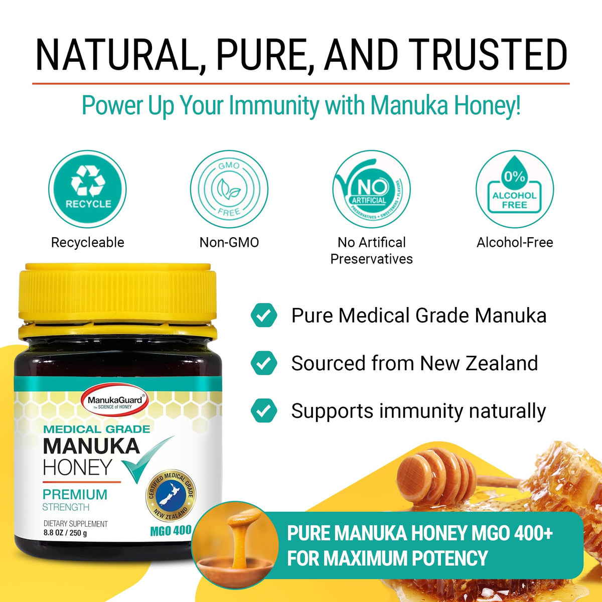 Manukaguard® Medical Grade Manuka Honey Mgo 400+ | 100% Authentic New Zealand Manuka Honey | Healing Honey For Immunity Boost | 8.8 Oz