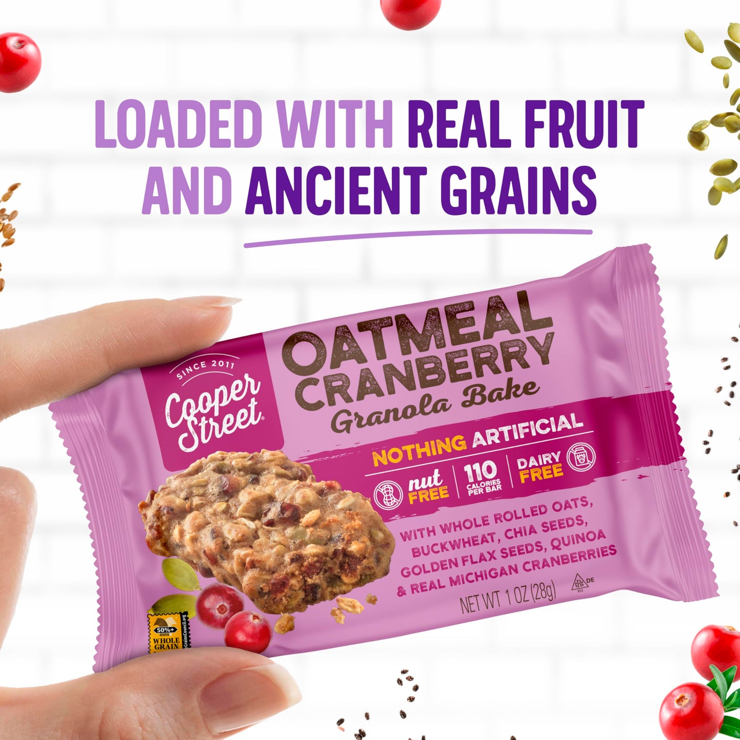 Cooper Street Granola Cookie Bake - Chewy Granola Bars With Chia, Flax, Buckwheat And Oats In Delicious Oatmeal Cranberry Flavor | Individually Wrapped Healthy Breakfast Bars | 1 Oz | 48 Pack
