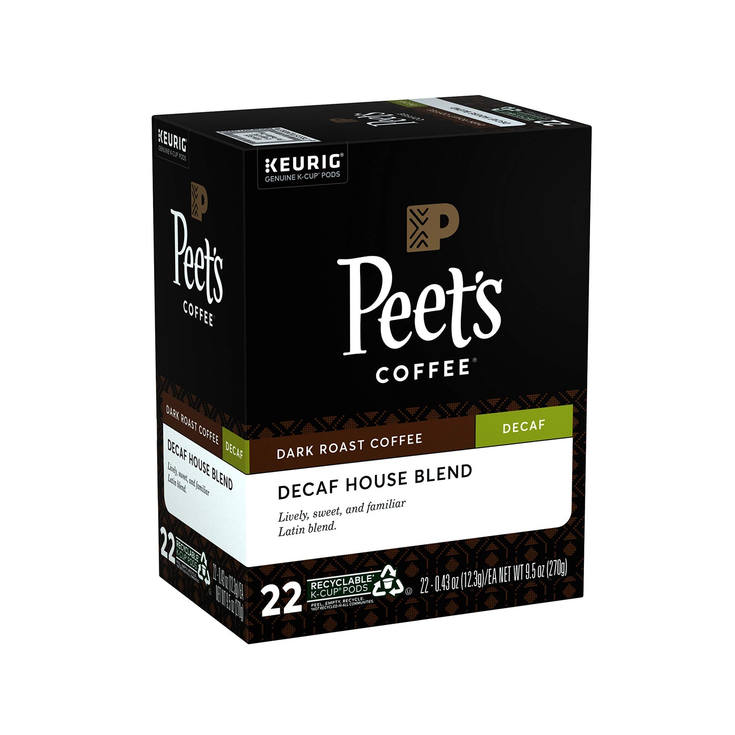 Peets Coffee Decaf House Blend K-Cup Pods, Dark Roast, 22 Count, Model 6544