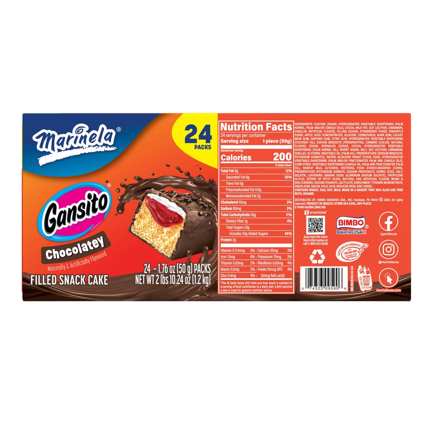 Marinela Gansito Strawberry Filled Snack Cake, 24 individual packs, (1 ct each), Chocolate Flavored Covered Snack Cakes, 42.24 o