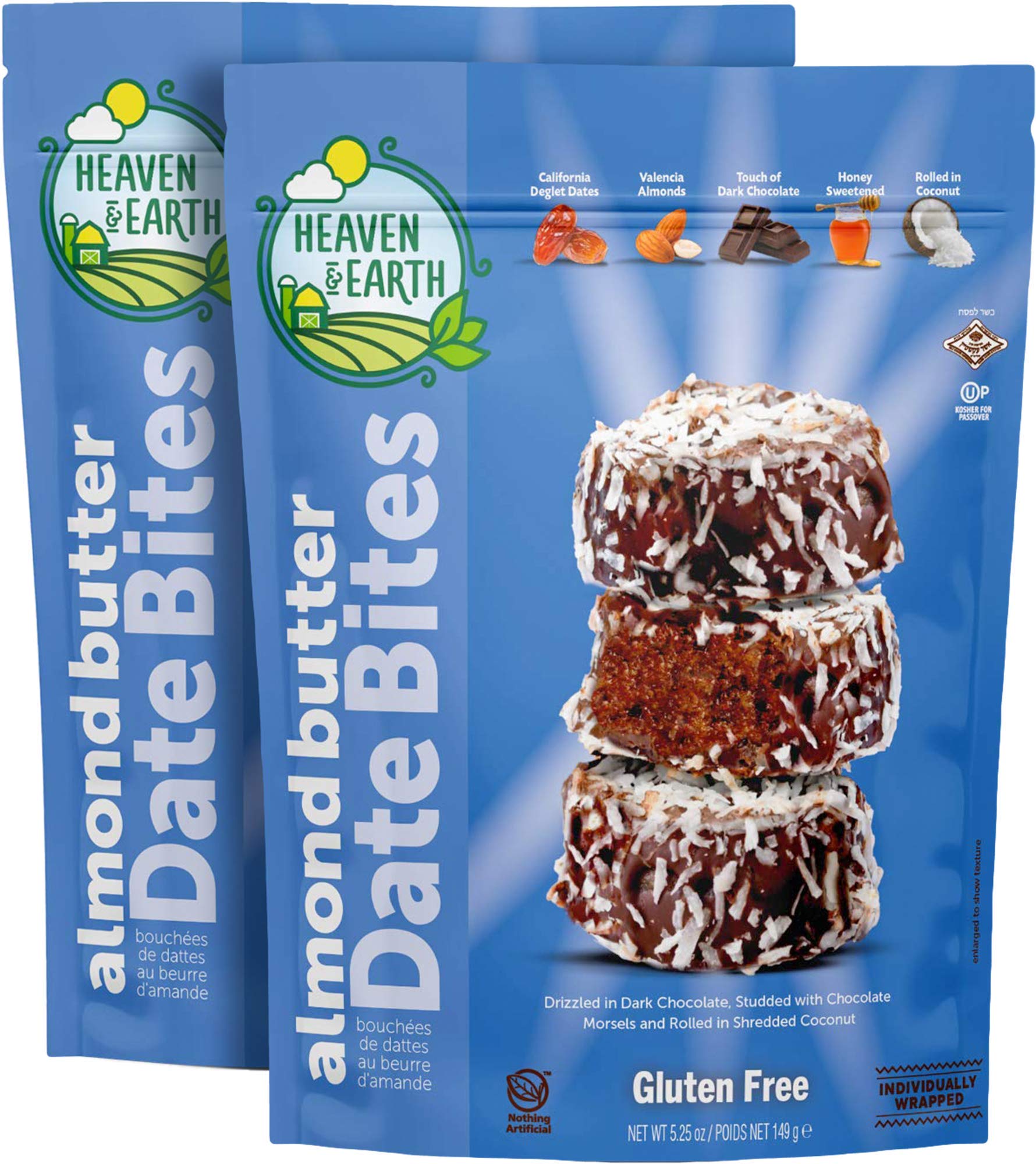 Heaven & Earth Gluten Free Chocolate Covered Almond Butter Date Bite Truffles with Coconut Flakes 5.25oz (2 Pack) Dairy Free, Al