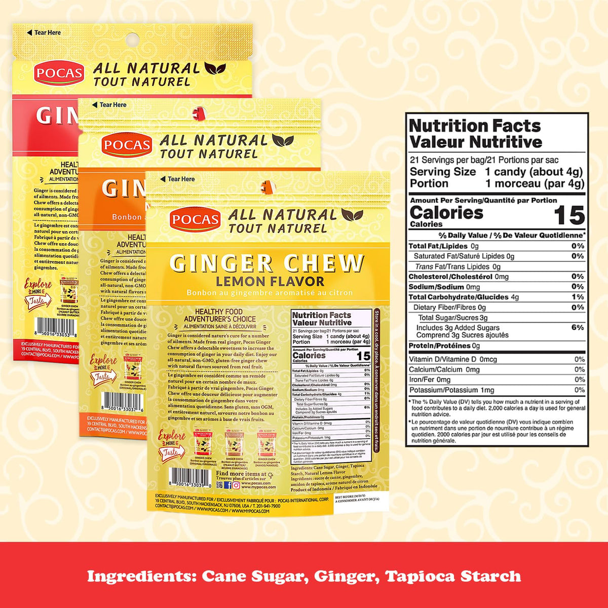 Pocas Ginger Chews Variety Pack - Mango, Original, Lemon - 3 Individually Wrapped Snacks, 3 Oz Each, Assorted Flavors