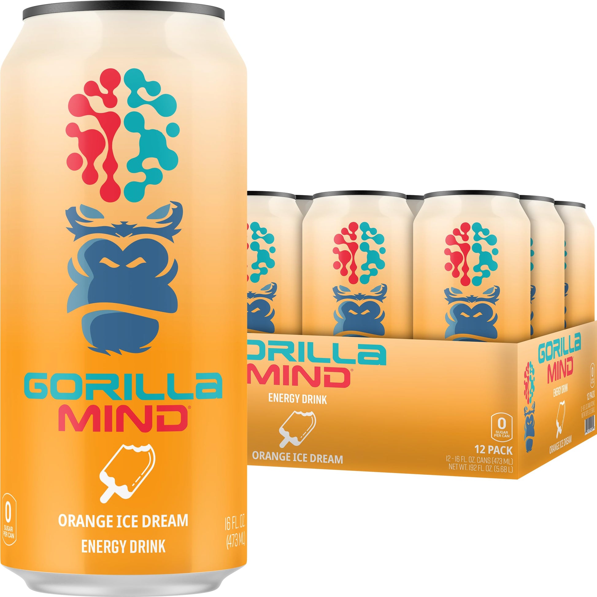Gorilla Mind Energy Drink | Unmatched Energy  Amplified Focus | N-Acetyl-L-Tyrosine  Alpha-GPC  200mg Caffeine  Uridine  Saffron | 0 Sugar Or Artificial Colors | 16oz  12-Pack (Orange Ice Dream)