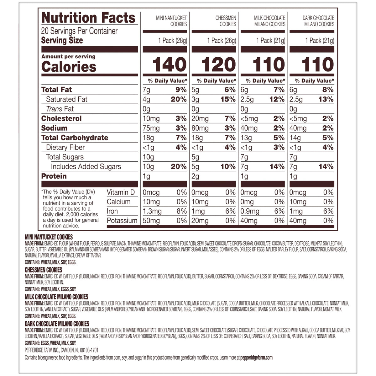 Pepperidge Farm Cookies Variety Pack, Snack Packs, 20 Pk