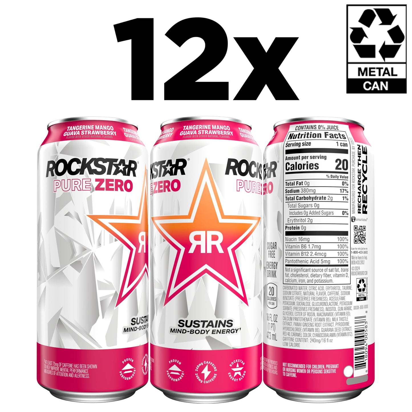 Rockstar Pure Zero Energy Drink, Tangerine Mango Guava Strawberry, 0 Sugar, 16 Fl Oz (Pack of 12)