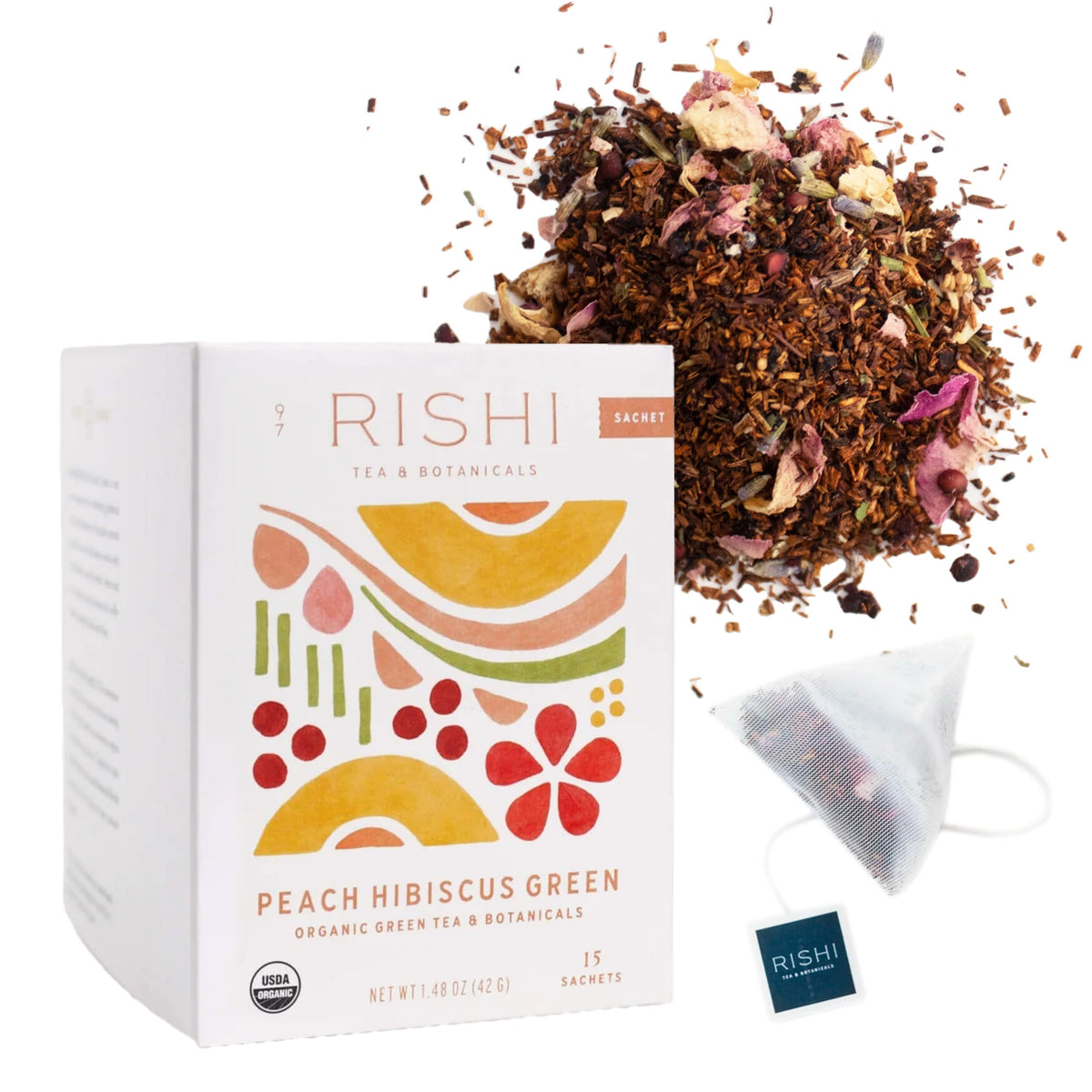 Rishi Tea Peach Hibiscus Green Houjicha Roasted Japanese Tea - Organic  Low Caffeine Sachet Bags With Hibiscus & Peach  Enjoy Hot Or Iced - 15 Count (Pack Of 1)