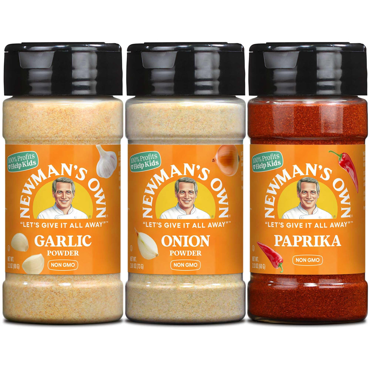 Newman's Own 3 Spice Combo; Garlic Powder, Onion Powder, Paprika, Non-GMO, Kosher certified
