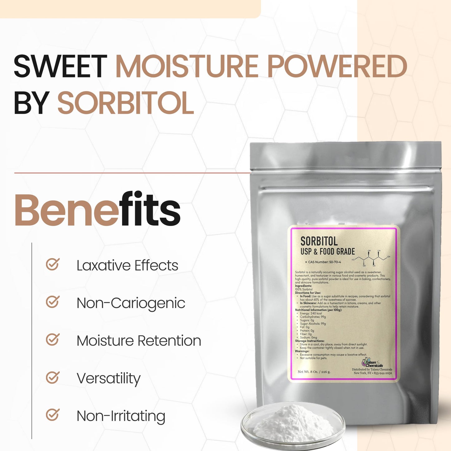 Talsen Chemicals Pure Sorbitol Powder - 16 Oz - Low Calorie Sweetener for Baking and Skincare