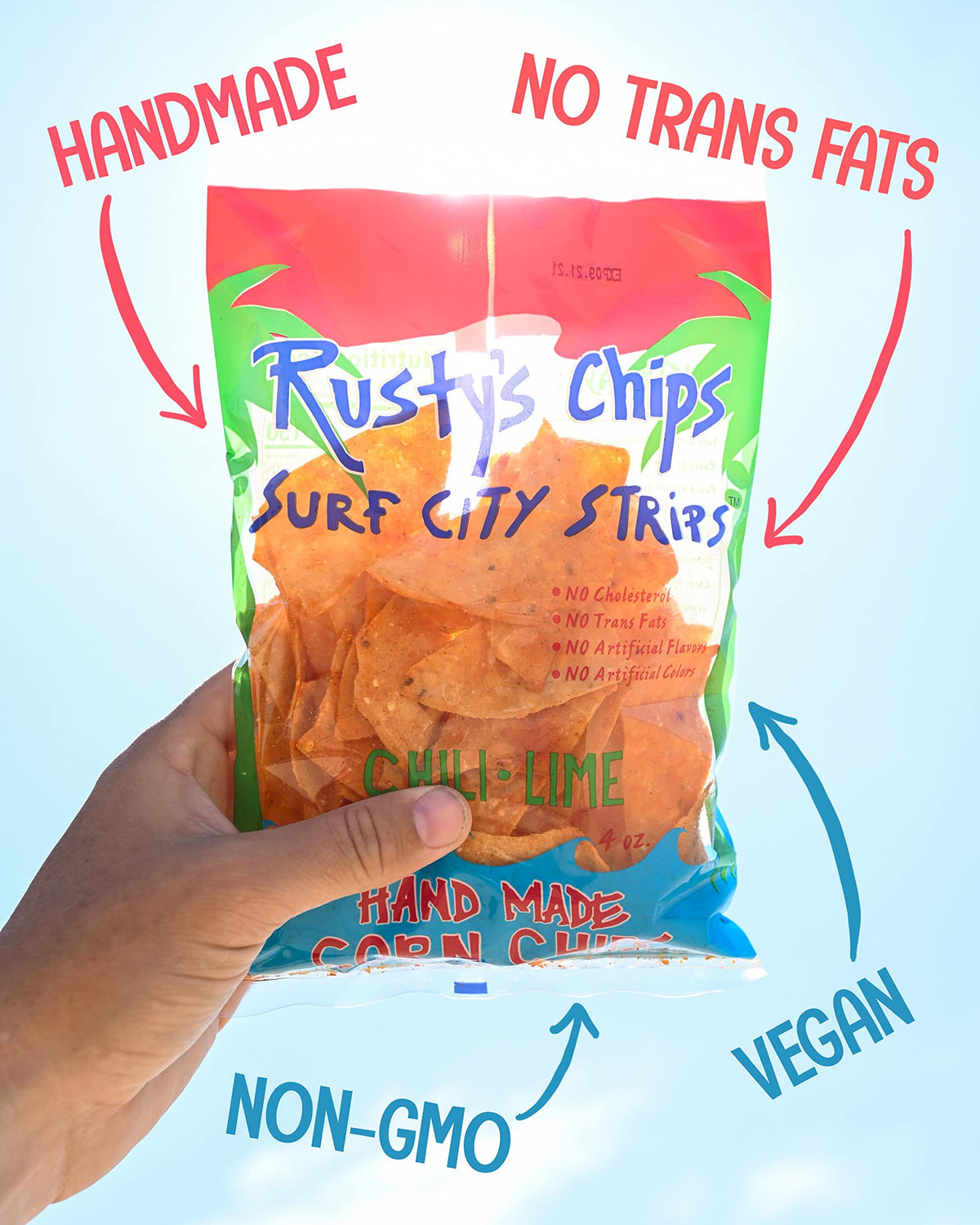 Rustys Chips Handmade Chili Lime Tortilla Chips, Gluten Free, Non-GMO, Vegan, 4 oz (Pack of 12)