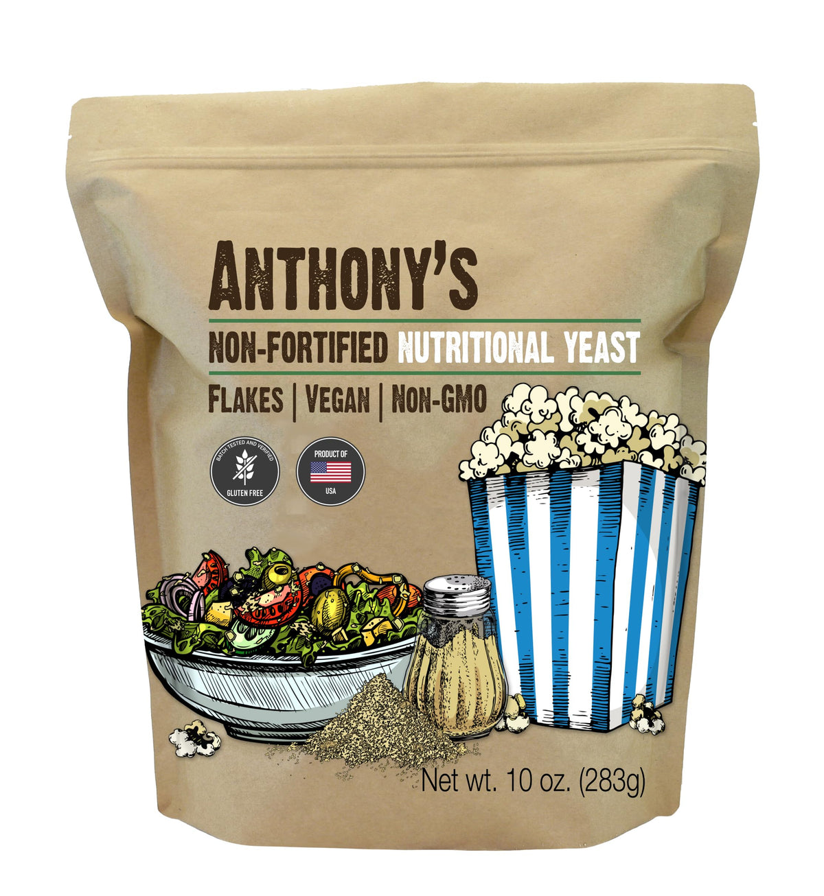 Anthonys Nutritional Yeast Flakes, Non-Fortified, Gluten-Free, Non-GMO, 10 oz